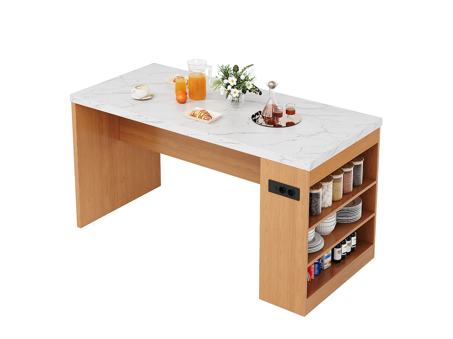 Îlot central de cuisine - avec éclairage LED et prise de courant (2xAC+2xUSB) - 3 étagères ouvertes - comptoir épais - Naturel
