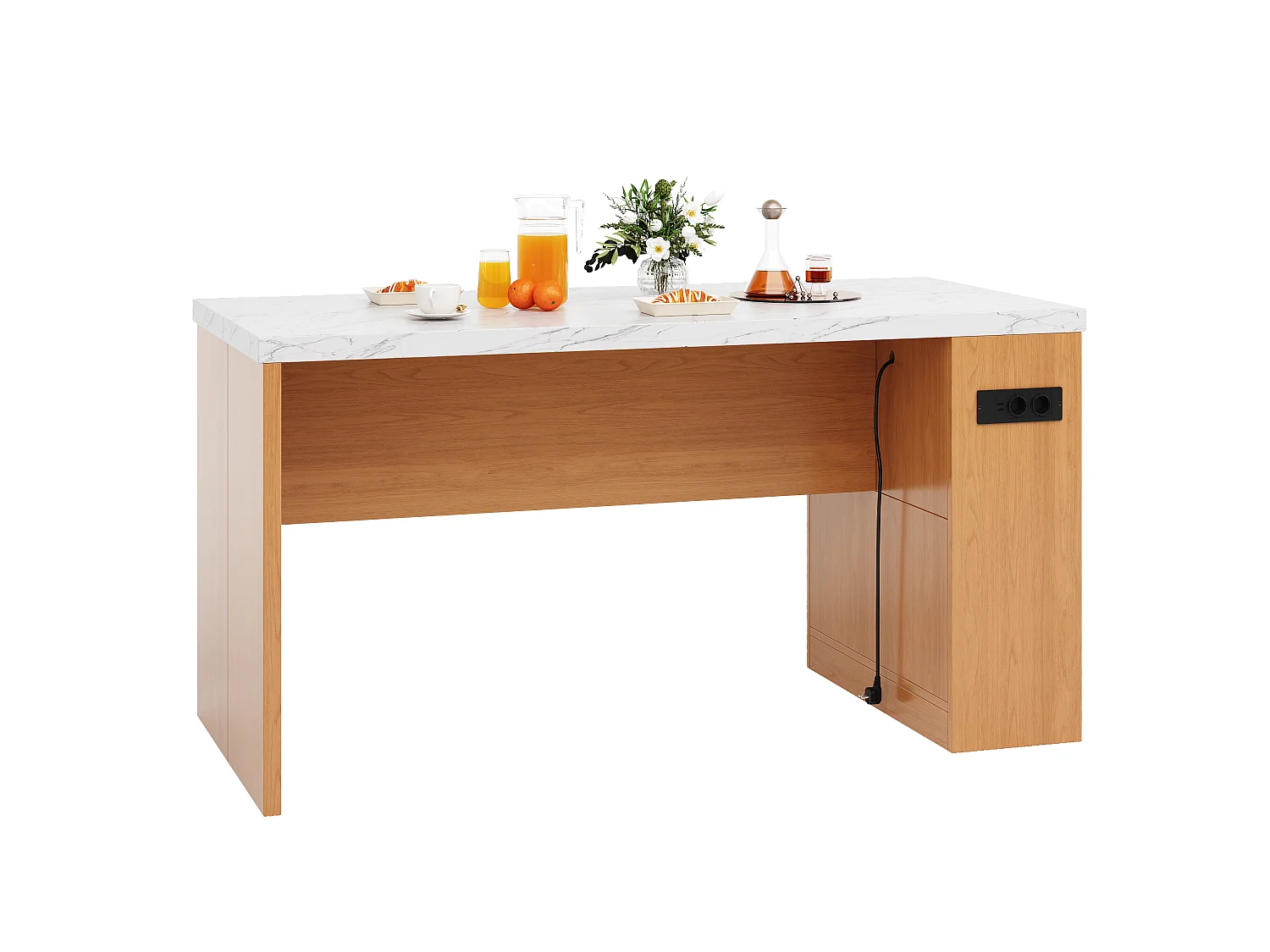 Îlot central de cuisine - avec éclairage LED et prise de courant (2xAC+2xUSB) - 3 étagères ouvertes - comptoir épais - Naturel