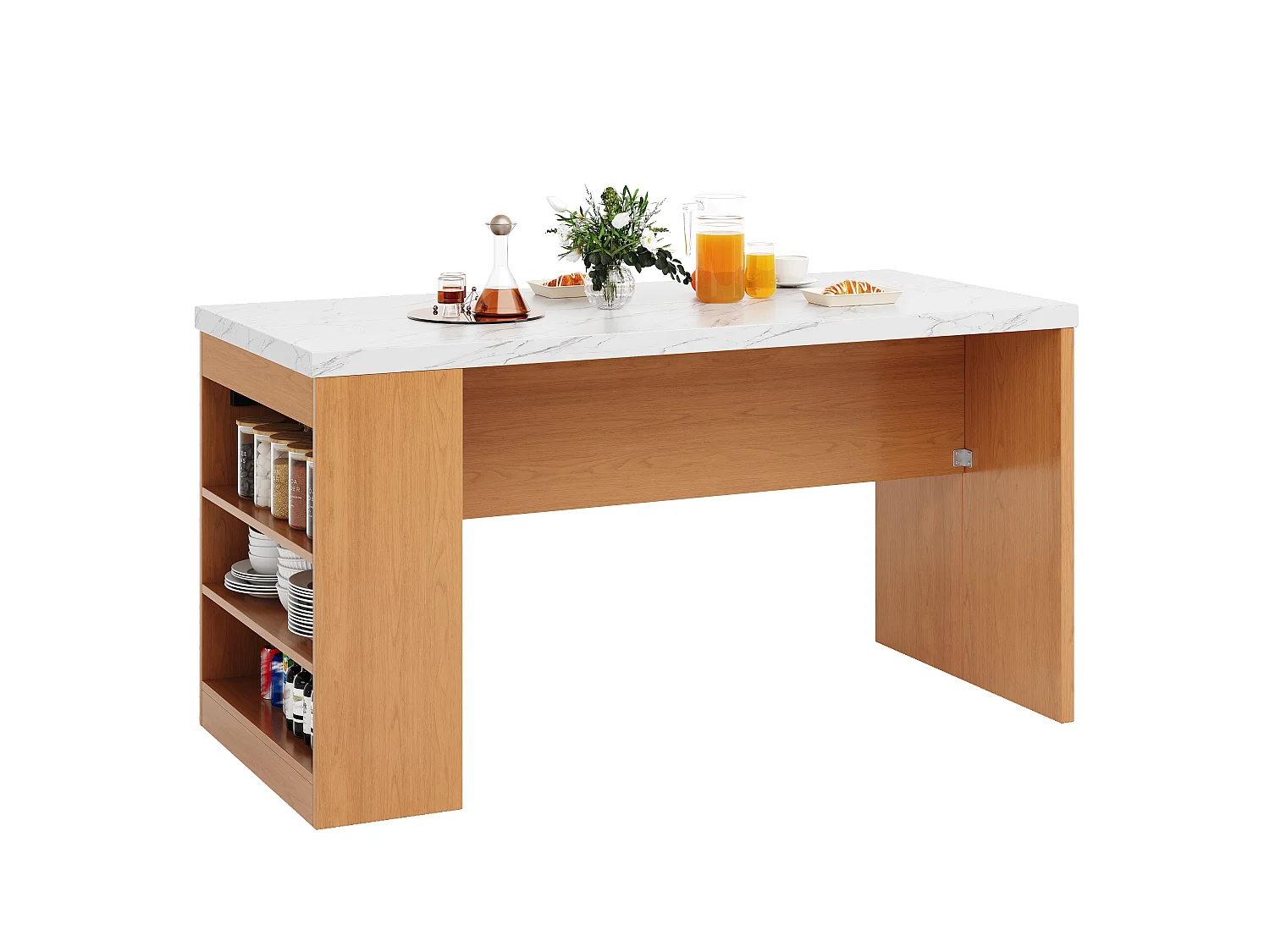 Îlot central de cuisine - avec éclairage LED et prise de courant (2xAC+2xUSB) - 3 étagères ouvertes - comptoir épais - Naturel