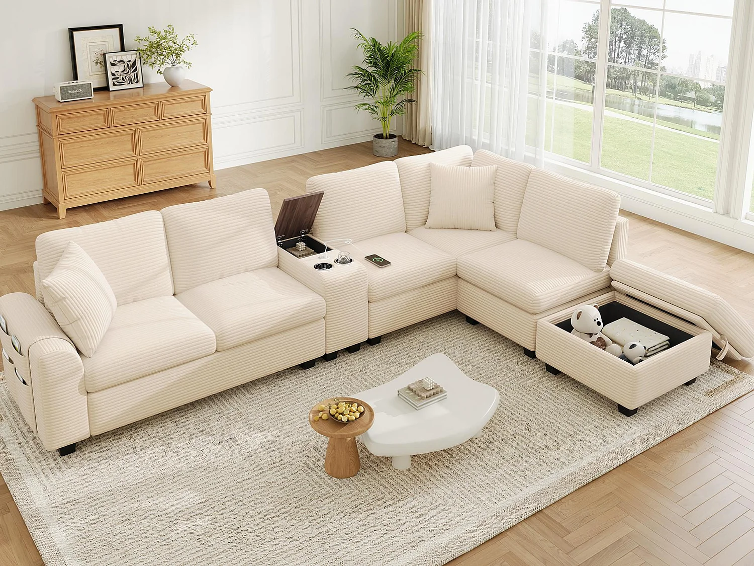 CorduroyU-shaped/L-shaped corner sofa - 6 seats - with mobile footrest - with USB/Type-C interface and 2 cup holders - corduroy - beige