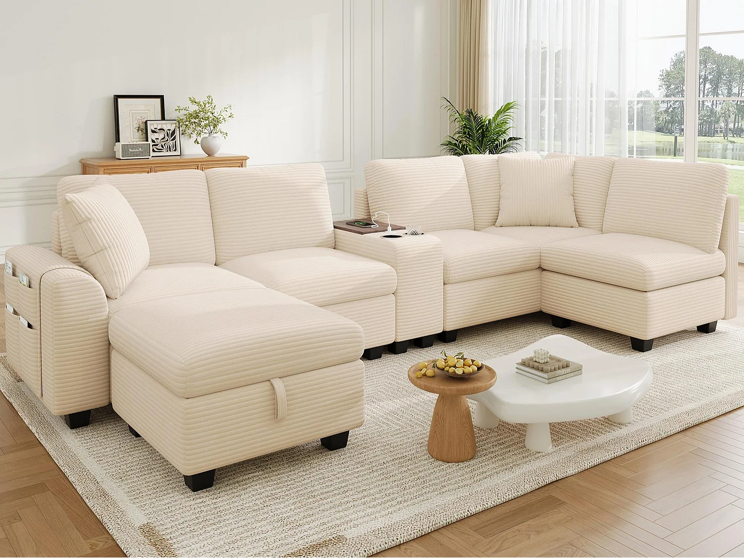 CorduroyU-shaped/L-shaped corner sofa - 6 seats - with mobile footrest - with USB/Type-C interface and 2 cup holders - corduroy - beige