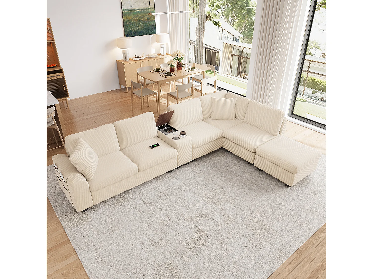 CorduroyU-shaped/L-shaped corner sofa - 6 seats - with mobile footrest - with USB/Type-C interface and 2 cup holders - corduroy - beige