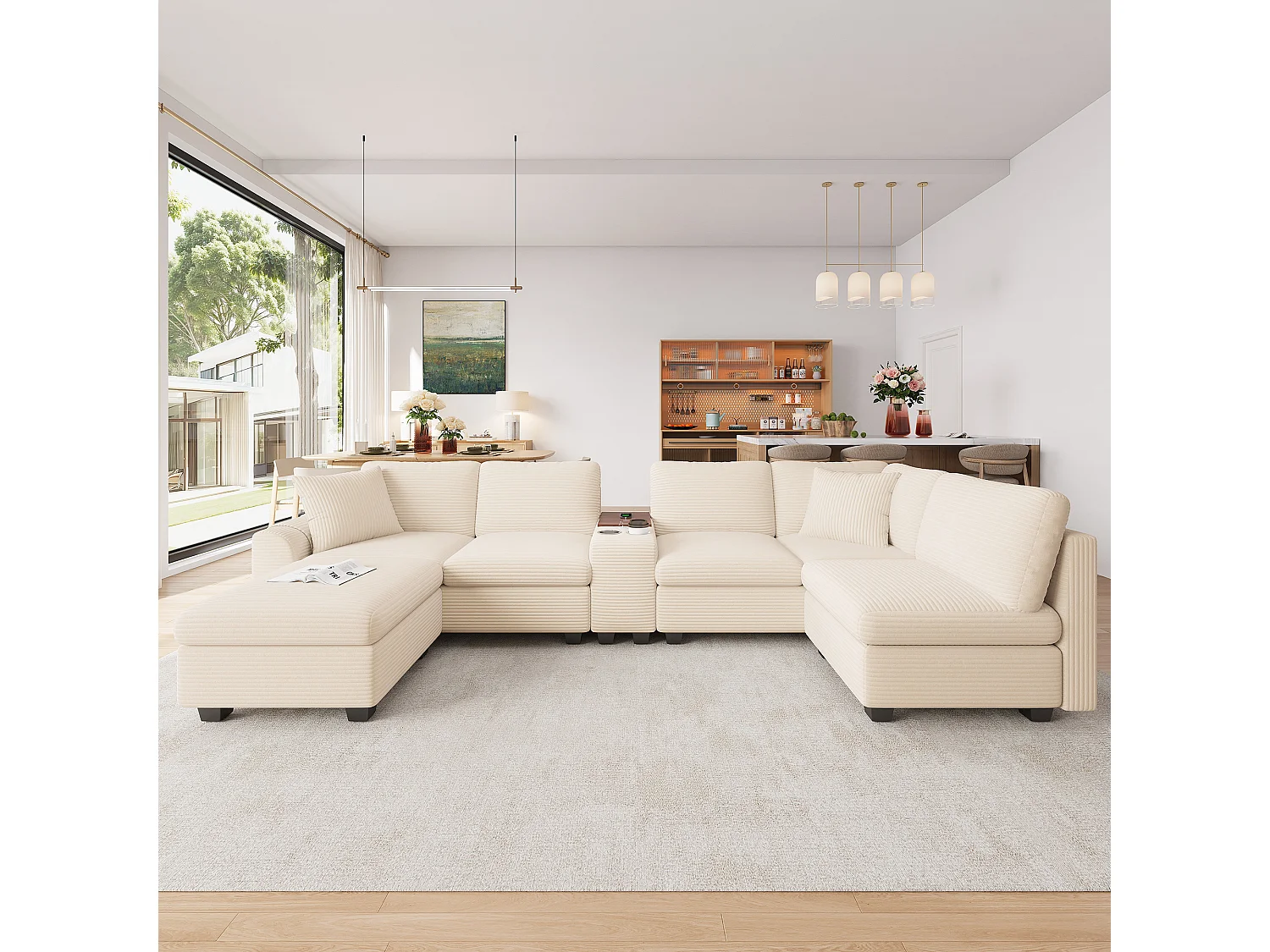 CorduroyU-shaped/L-shaped corner sofa - 6 seats - with mobile footrest - with USB/Type-C interface and 2 cup holders - corduroy - beige