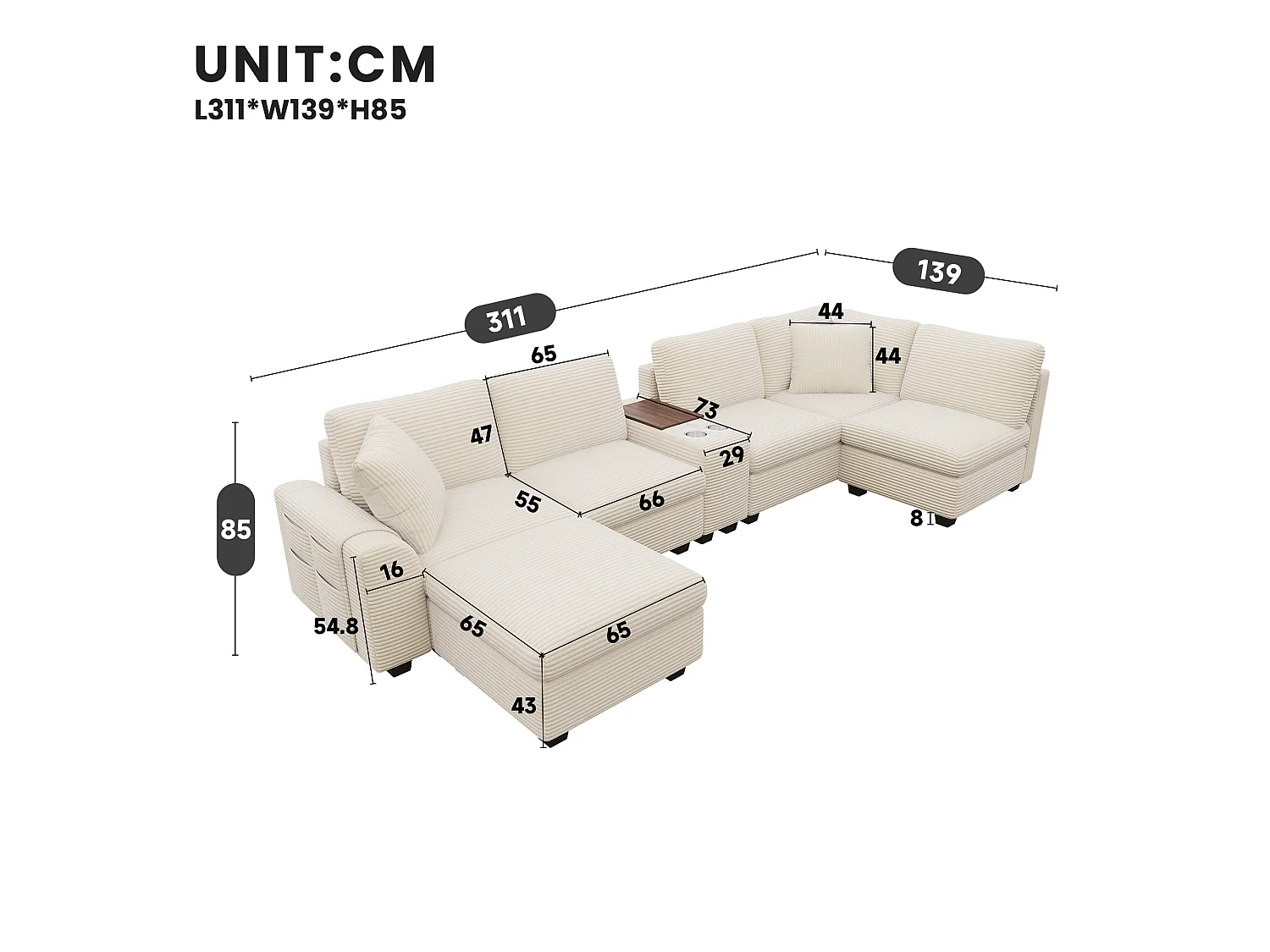 CorduroyU-shaped/L-shaped corner sofa - 6 seats - with mobile footrest - with USB/Type-C interface and 2 cup holders - corduroy - beige