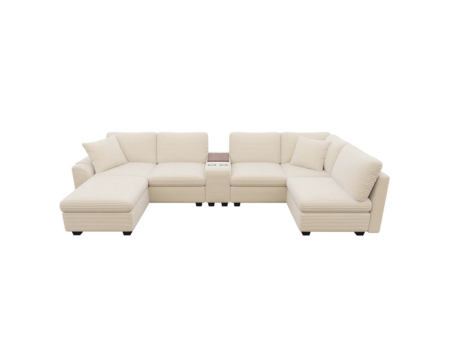 CorduroyU-shaped/L-shaped corner sofa - 6 seats - with mobile footrest - with USB/Type-C interface and 2 cup holders - corduroy - beige