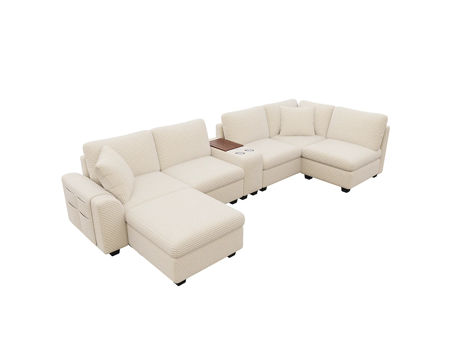 CorduroyU-shaped/L-shaped corner sofa - 6 seats - with mobile footrest - with USB/Type-C interface and 2 cup holders - corduroy - beige
