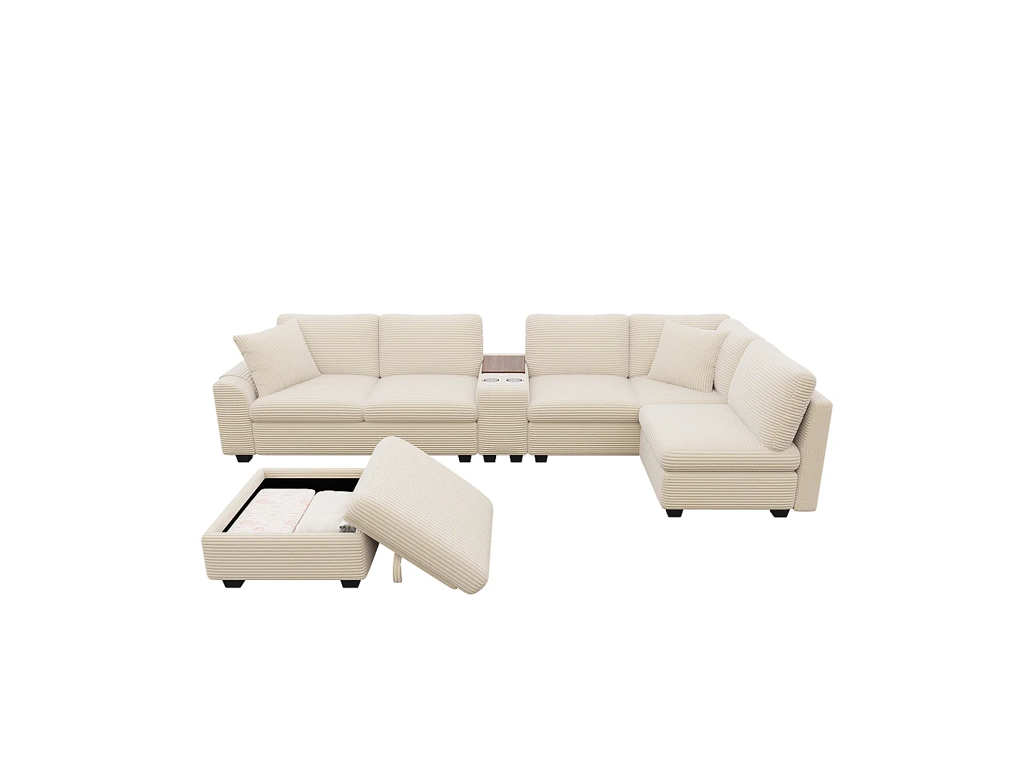 CorduroyU-shaped/L-shaped corner sofa - 6 seats - with mobile footrest - with USB/Type-C interface and 2 cup holders - corduroy - beige