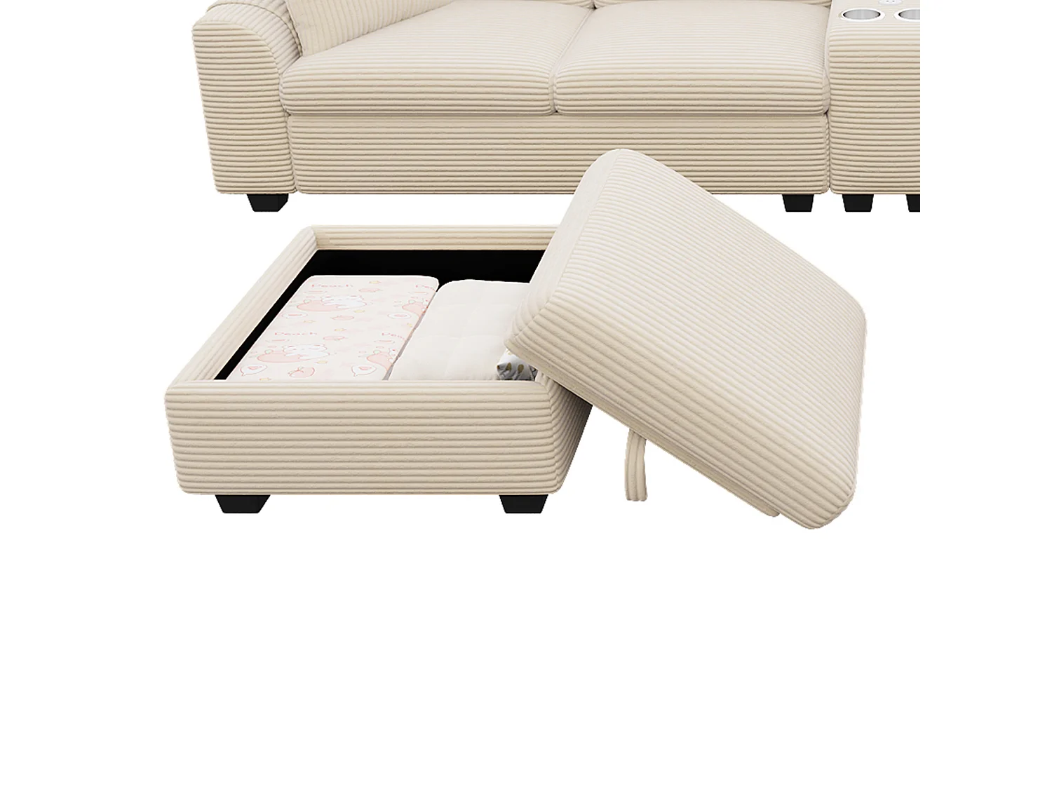 CorduroyU-shaped/L-shaped corner sofa - 6 seats - with mobile footrest - with USB/Type-C interface and 2 cup holders - corduroy - beige