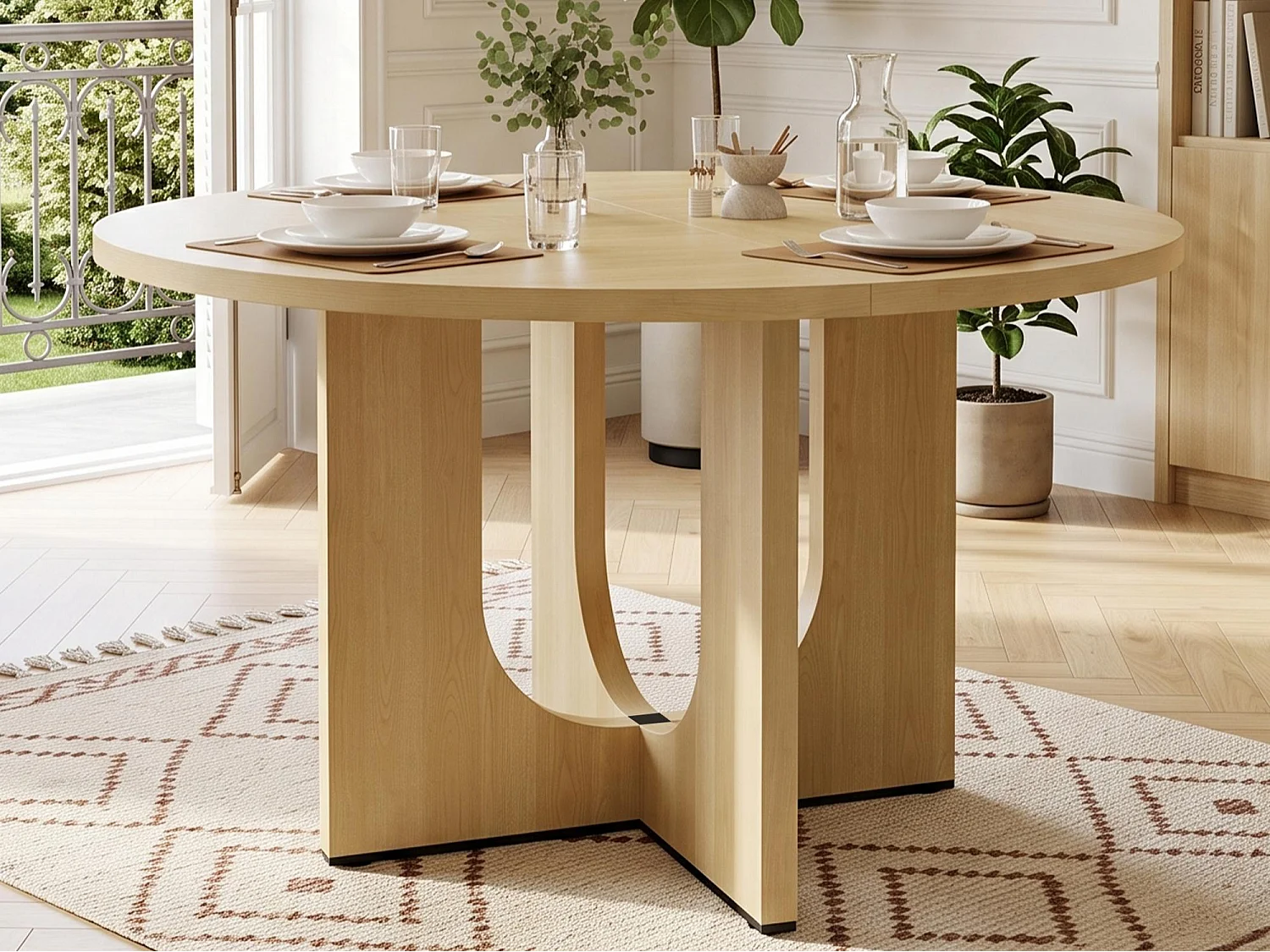 Round dining table 120x120x75 cm - 4 to 6 people - Minimalist style - Oak veneer - MDF - Natural