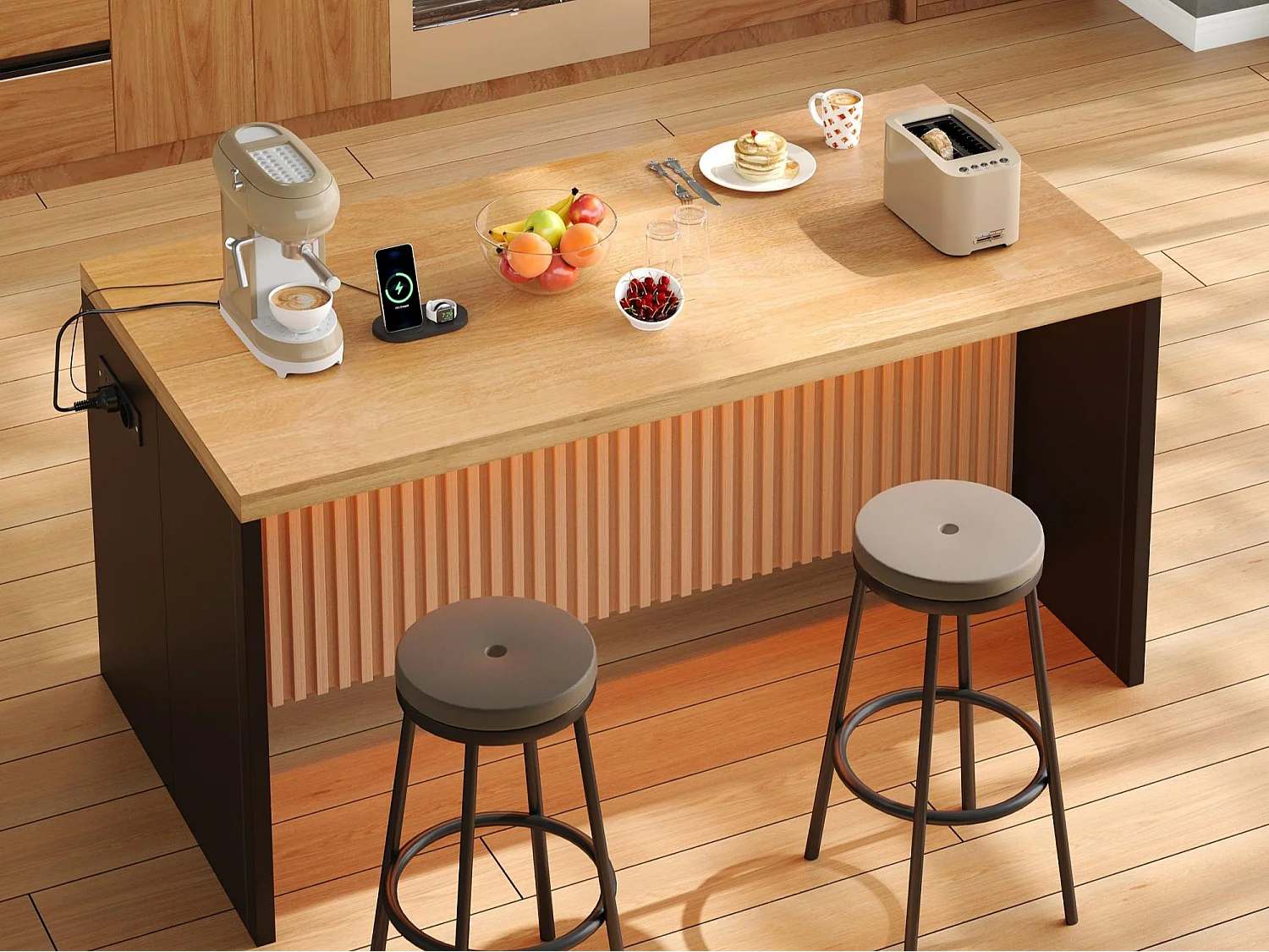 Ilha central de cozinha - com iluminação LED - com 2 tomadas elétricas, 2 portas USB - grão de madeira - Natural