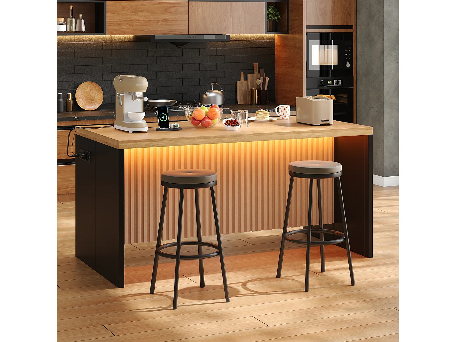 Ilha central de cozinha - com iluminação LED - com 2 tomadas elétricas, 2 portas USB - grão de madeira - Natural