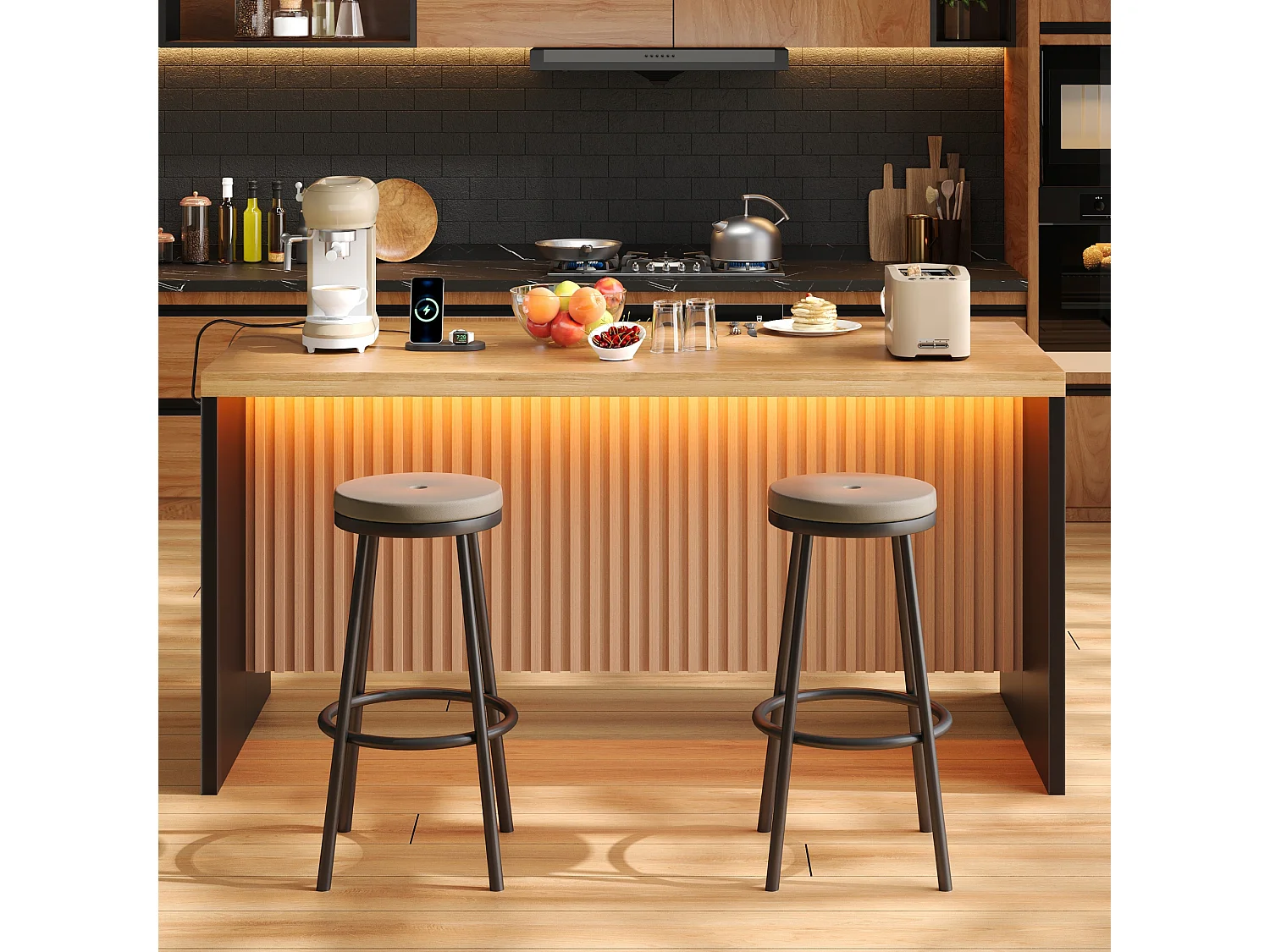 Ilha central de cozinha - com iluminação LED - com 2 tomadas elétricas, 2 portas USB - grão de madeira - Natural