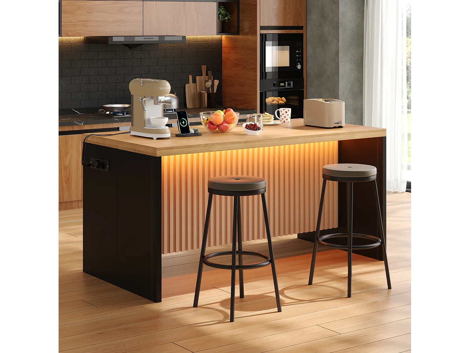Ilha central de cozinha - com iluminação LED - com 2 tomadas elétricas, 2 portas USB - grão de madeira - Natural
