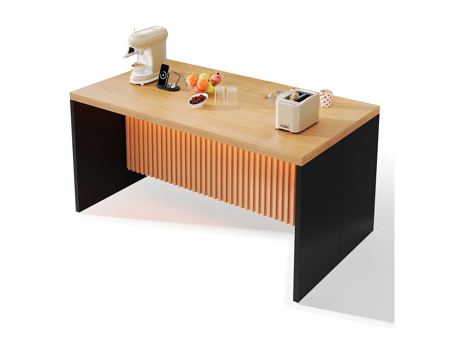 Ilha central de cozinha - com iluminação LED - com 2 tomadas elétricas, 2 portas USB - grão de madeira - Natural