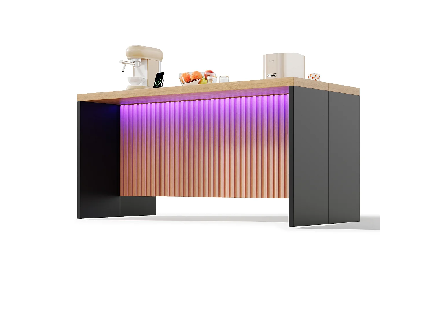 Ilha central de cozinha - com iluminação LED - com 2 tomadas elétricas, 2 portas USB - grão de madeira - Natural