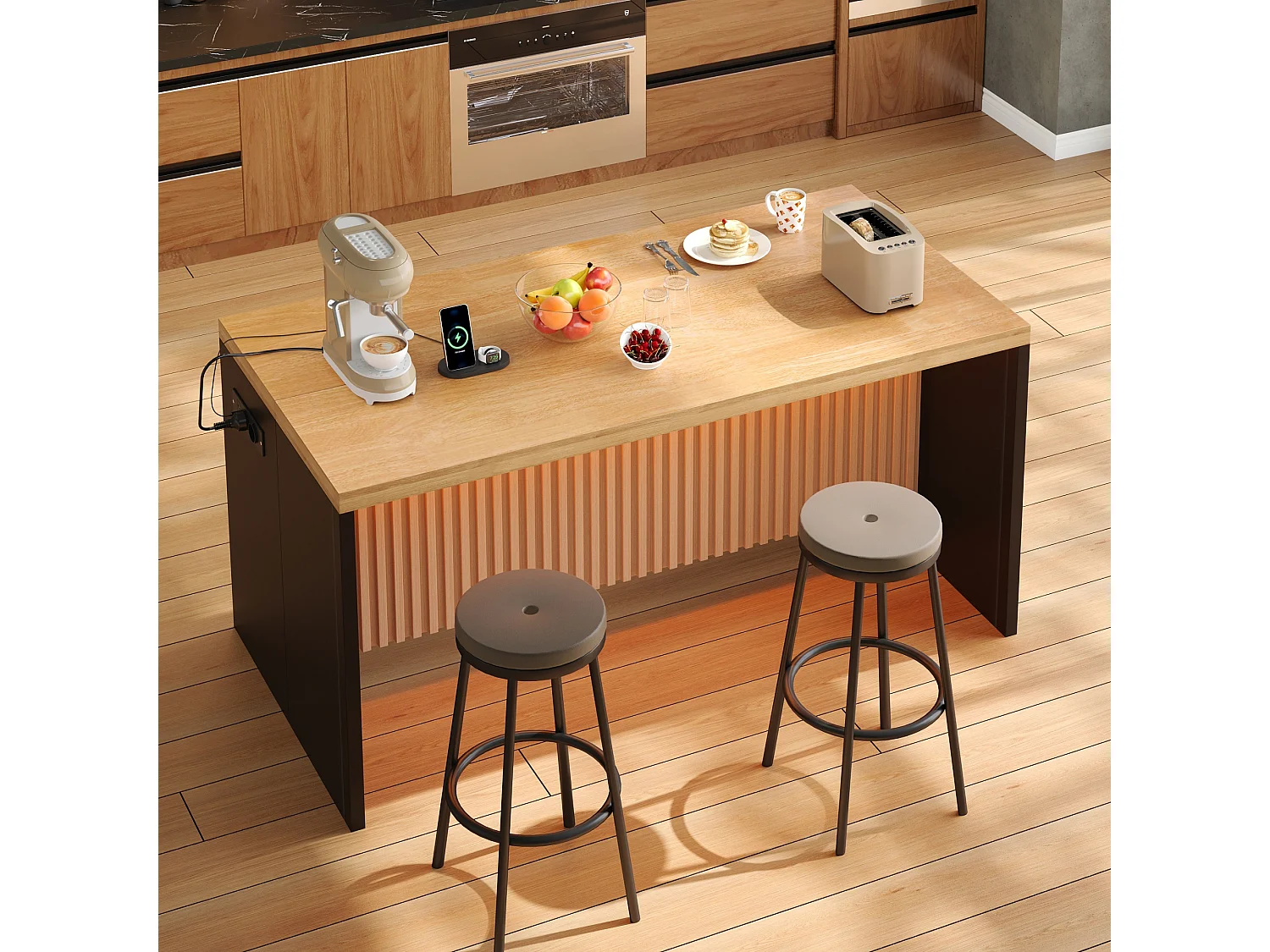 Îlot central de cuisine - avec éclairage LED - avec 2 prises de courant, 2 ports USB - grain de bois - Naturel