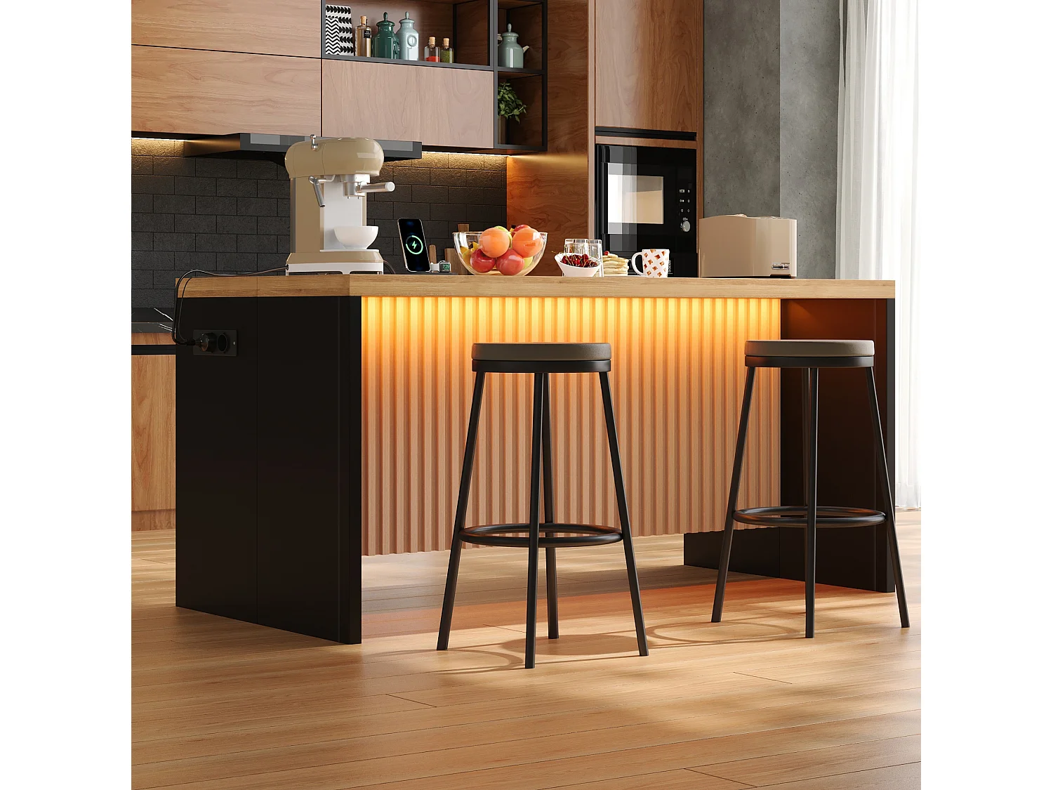 Îlot central de cuisine - avec éclairage LED - avec 2 prises de courant, 2 ports USB - grain de bois - Naturel