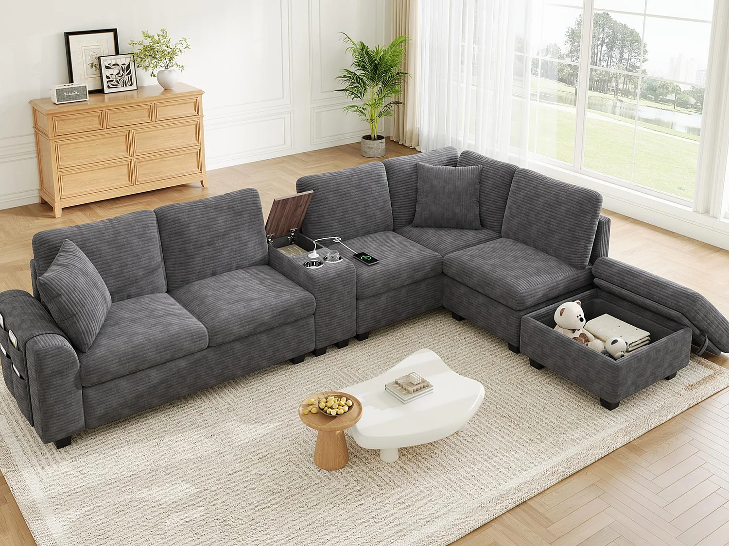 CorduroyU-shaped/L-shaped corner sofa - 6 seats - with mobile footrest - with USB/Type-C interface and 2 cup holders - corduroy - grey