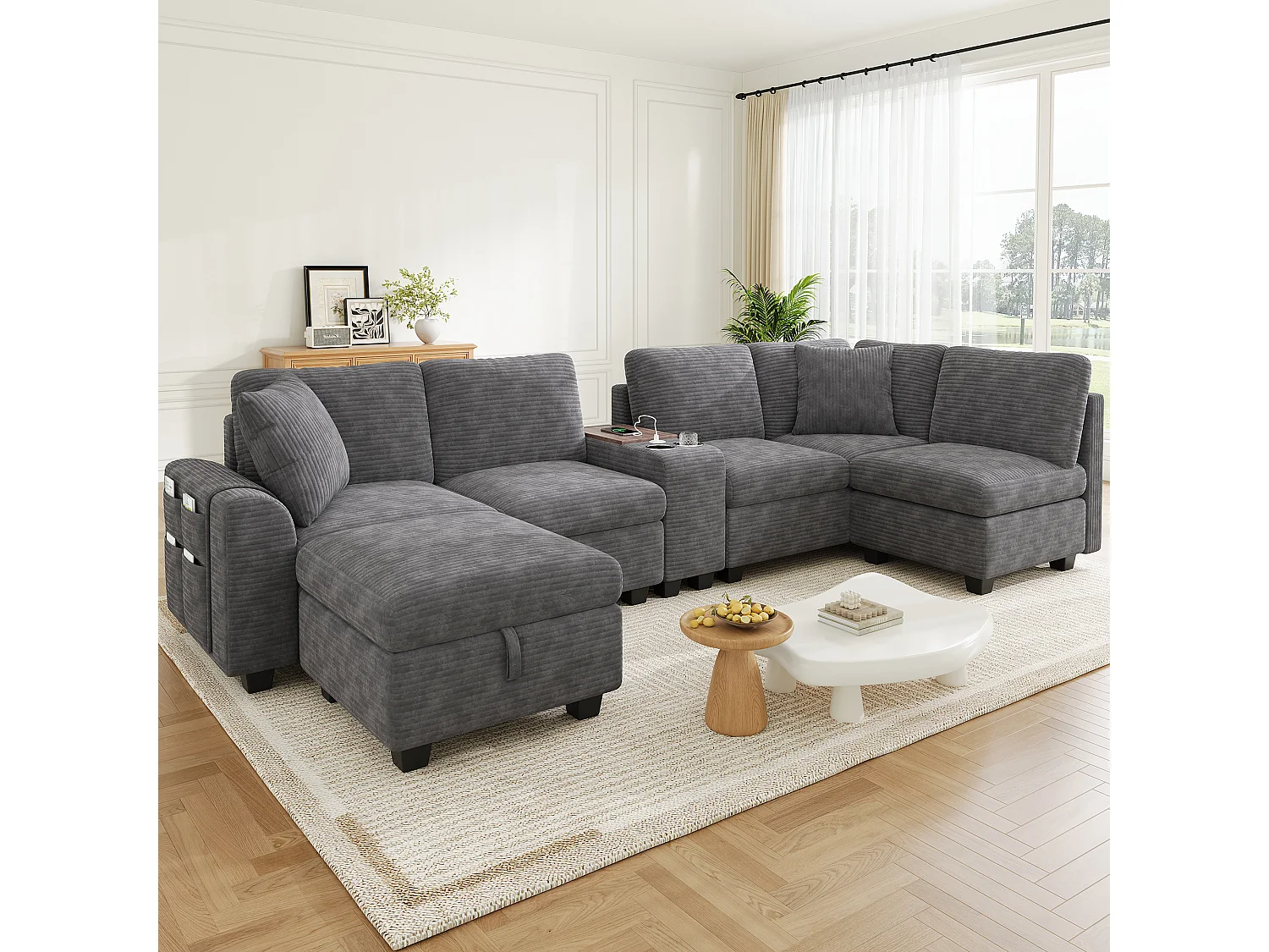 CorduroyU-shaped/L-shaped corner sofa - 6 seats - with mobile footrest - with USB/Type-C interface and 2 cup holders - corduroy - grey