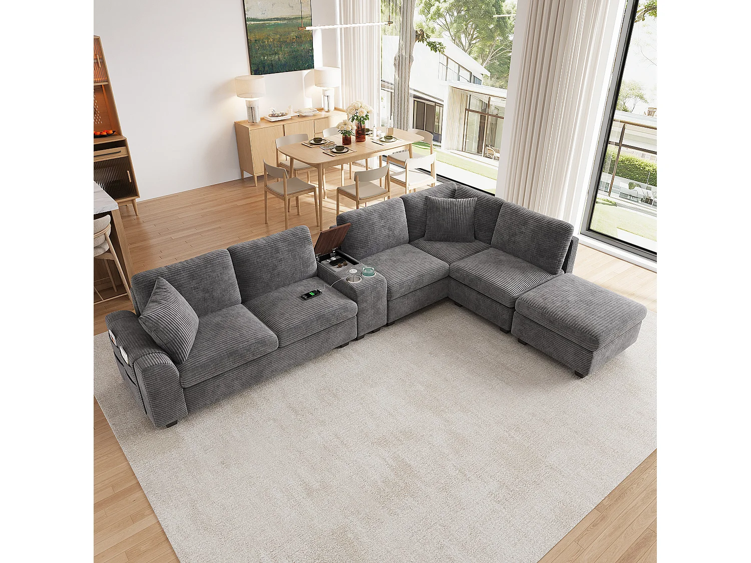 CorduroyU-shaped/L-shaped corner sofa - 6 seats - with mobile footrest - with USB/Type-C interface and 2 cup holders - corduroy - grey