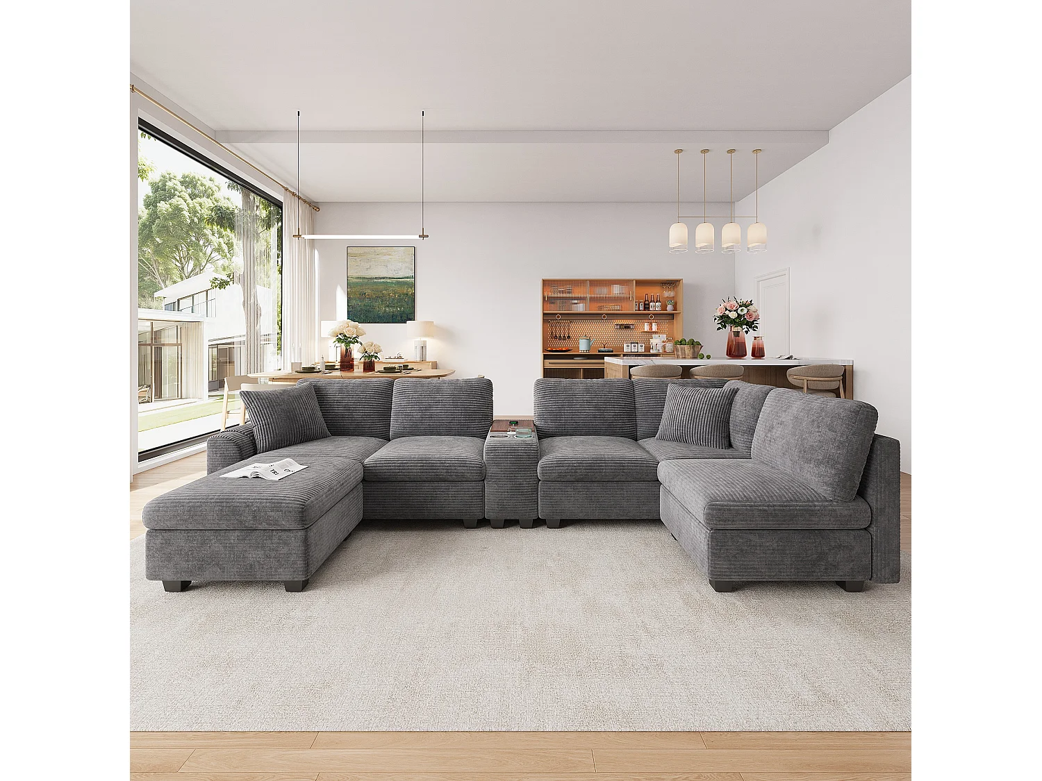 CorduroyU-shaped/L-shaped corner sofa - 6 seats - with mobile footrest - with USB/Type-C interface and 2 cup holders - corduroy - grey