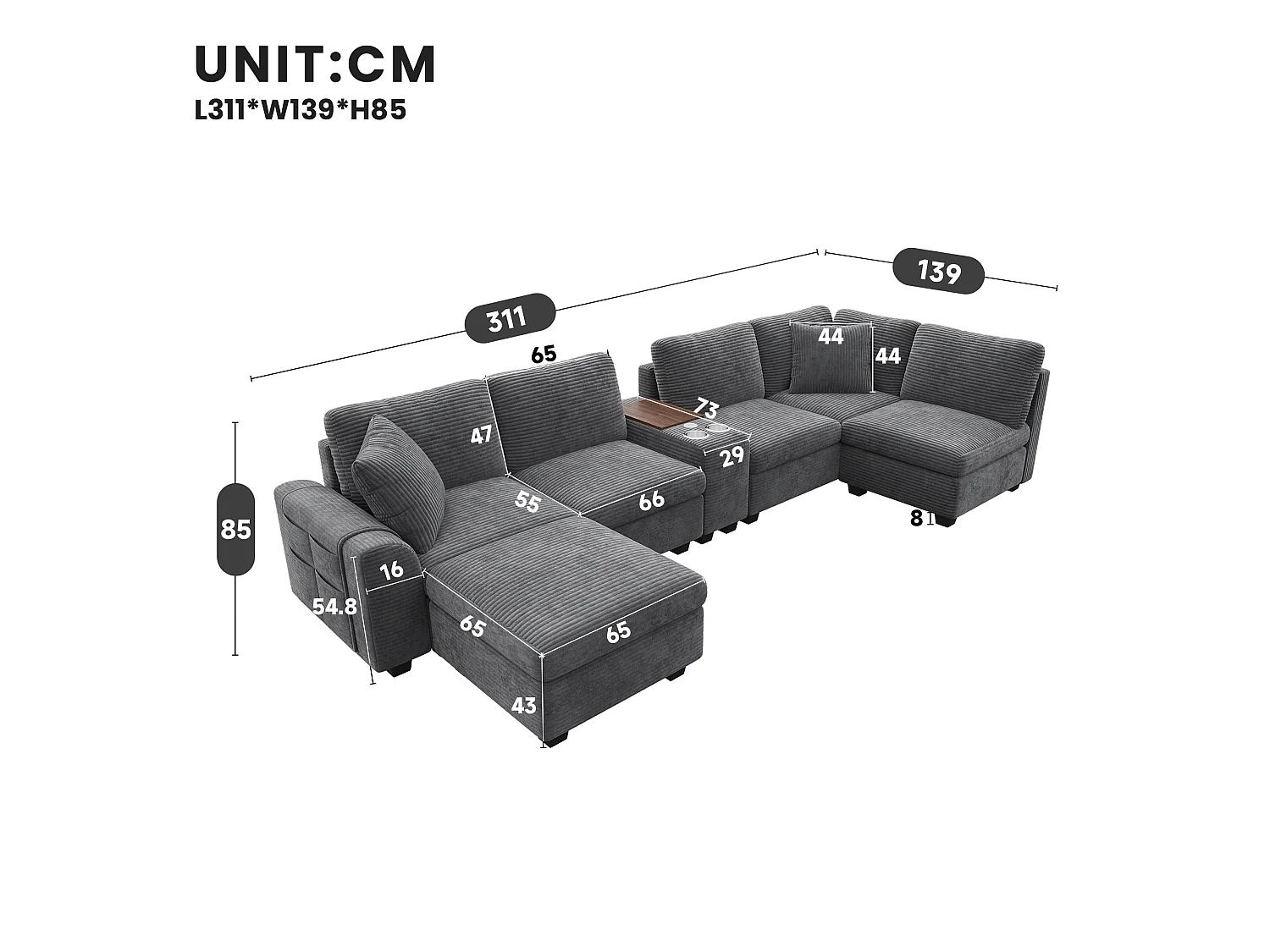 CorduroyU-shaped/L-shaped corner sofa - 6 seats - with mobile footrest - with USB/Type-C interface and 2 cup holders - corduroy - grey