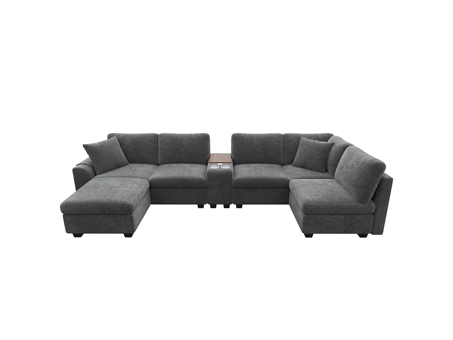 CorduroyU-shaped/L-shaped corner sofa - 6 seats - with mobile footrest - with USB/Type-C interface and 2 cup holders - corduroy - grey