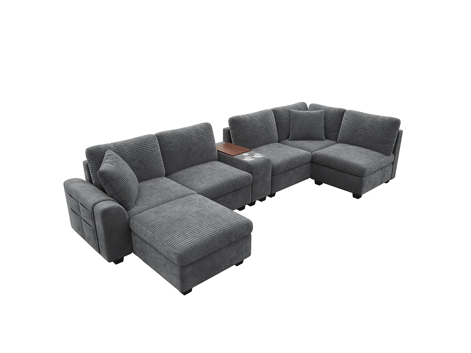 CorduroyU-shaped/L-shaped corner sofa - 6 seats - with mobile footrest - with USB/Type-C interface and 2 cup holders - corduroy - grey