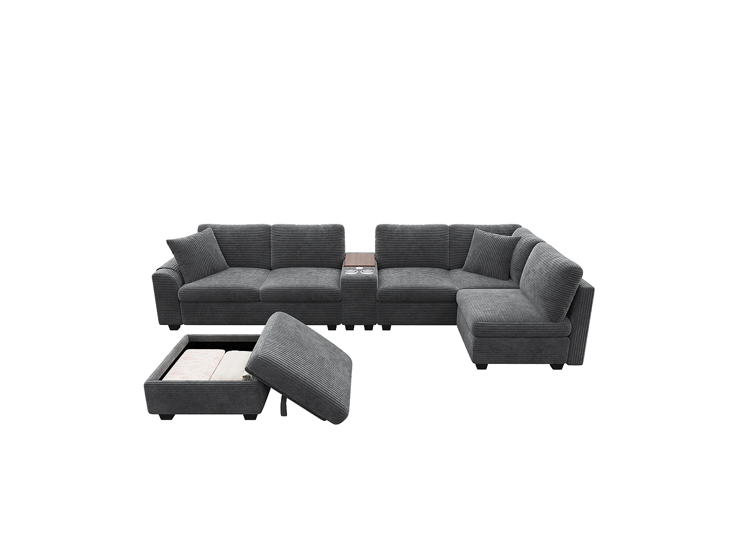 CorduroyU-shaped/L-shaped corner sofa - 6 seats - with mobile footrest - with USB/Type-C interface and 2 cup holders - corduroy - grey