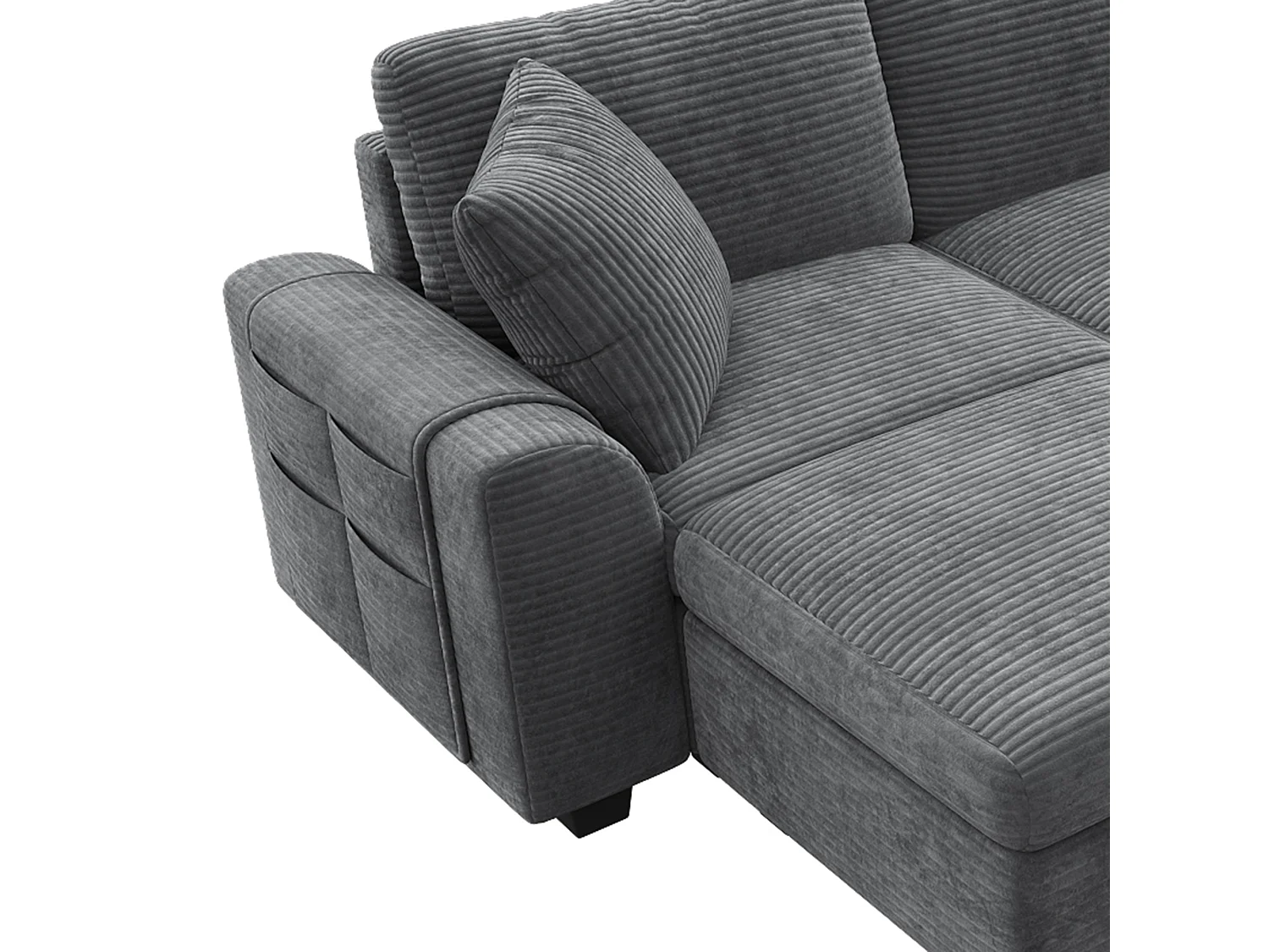 CorduroyU-shaped/L-shaped corner sofa - 6 seats - with mobile footrest - with USB/Type-C interface and 2 cup holders - corduroy - grey