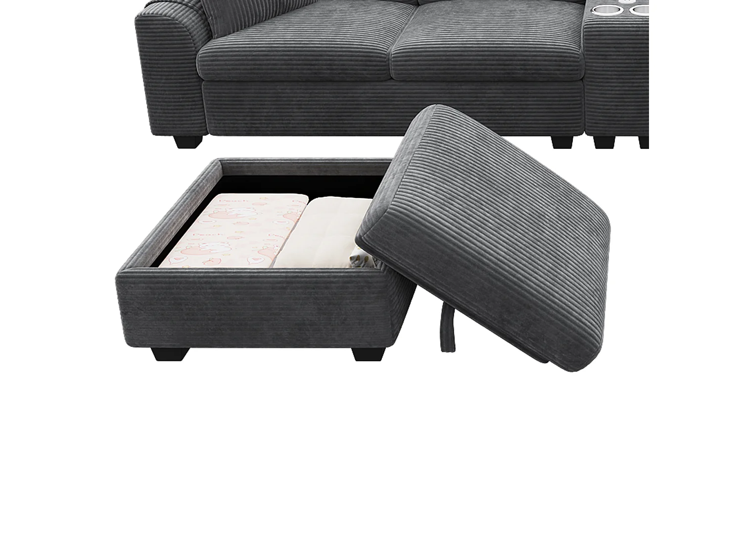 CorduroyU-shaped/L-shaped corner sofa - 6 seats - with mobile footrest - with USB/Type-C interface and 2 cup holders - corduroy - grey