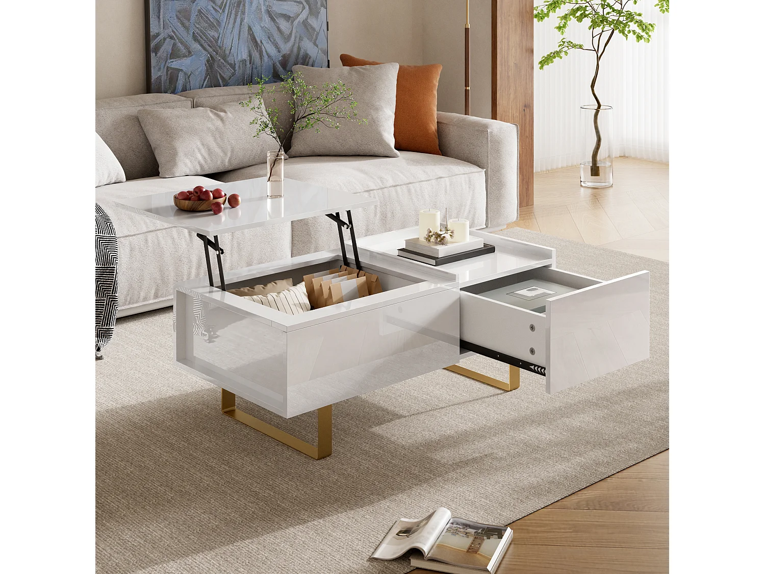 Moderner höhenverstellbarer Couchtisch 100x50x54,5cm - Glänzende Oberfläche - Mit 1 Schublade und Eisenbeinen - MDF - Weiß