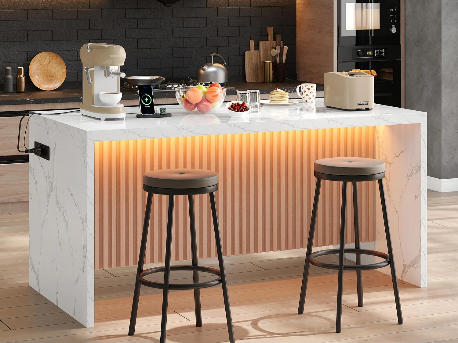 Ilha central de cozinha - com iluminação LED - com 2 tomadas, 2 portas USB - balcão com padrão mármore - Branco