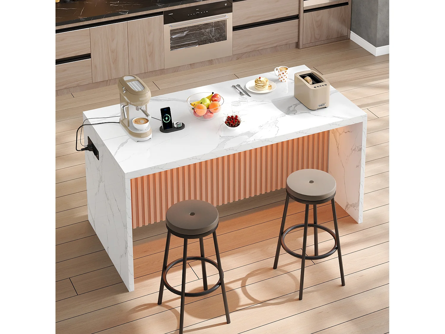 Ilha central de cozinha - com iluminação LED - com 2 tomadas, 2 portas USB - balcão com padrão mármore - Branco