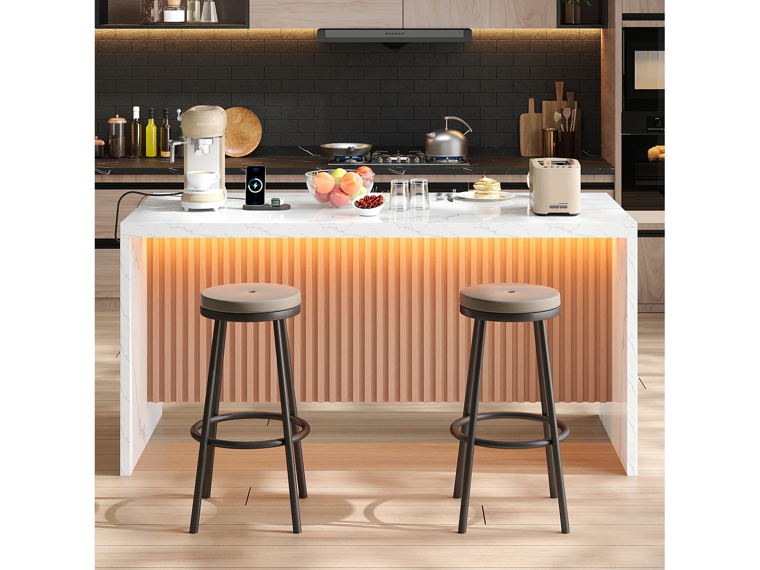 Ilha central de cozinha - com iluminação LED - com 2 tomadas, 2 portas USB - balcão com padrão mármore - Branco