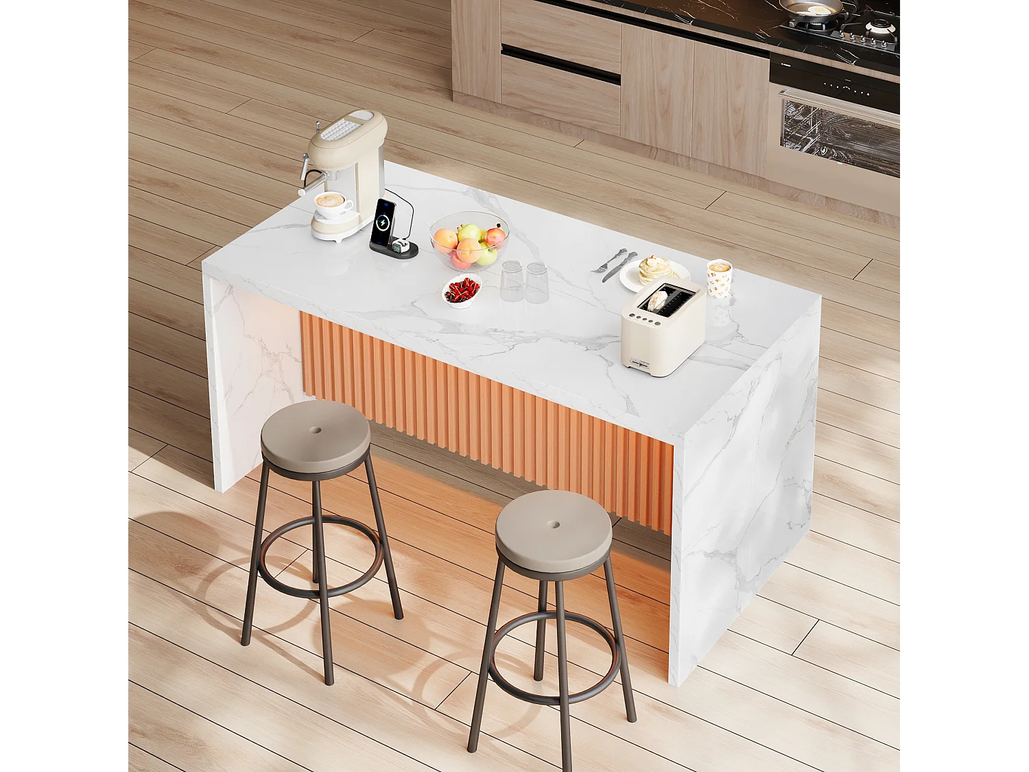 Ilha central de cozinha - com iluminação LED - com 2 tomadas, 2 portas USB - balcão com padrão mármore - Branco