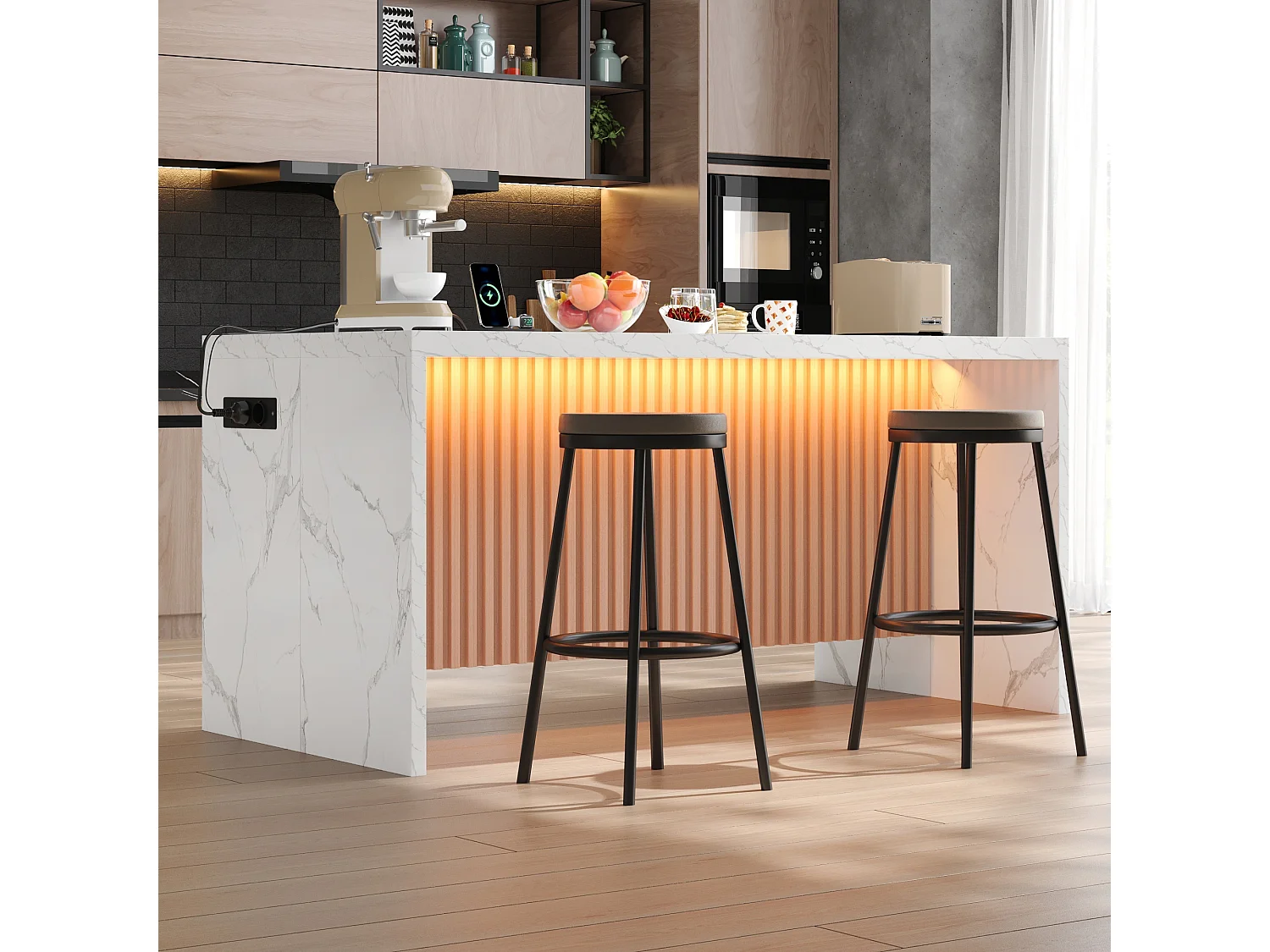 Ilha central de cozinha - com iluminação LED - com 2 tomadas, 2 portas USB - balcão com padrão mármore - Branco