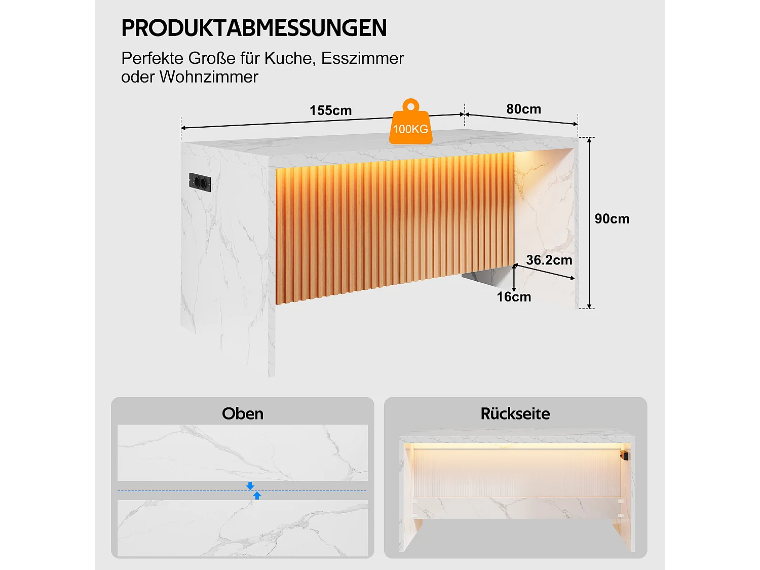 Ilha central de cozinha - com iluminação LED - com 2 tomadas, 2 portas USB - balcão com padrão mármore - Branco