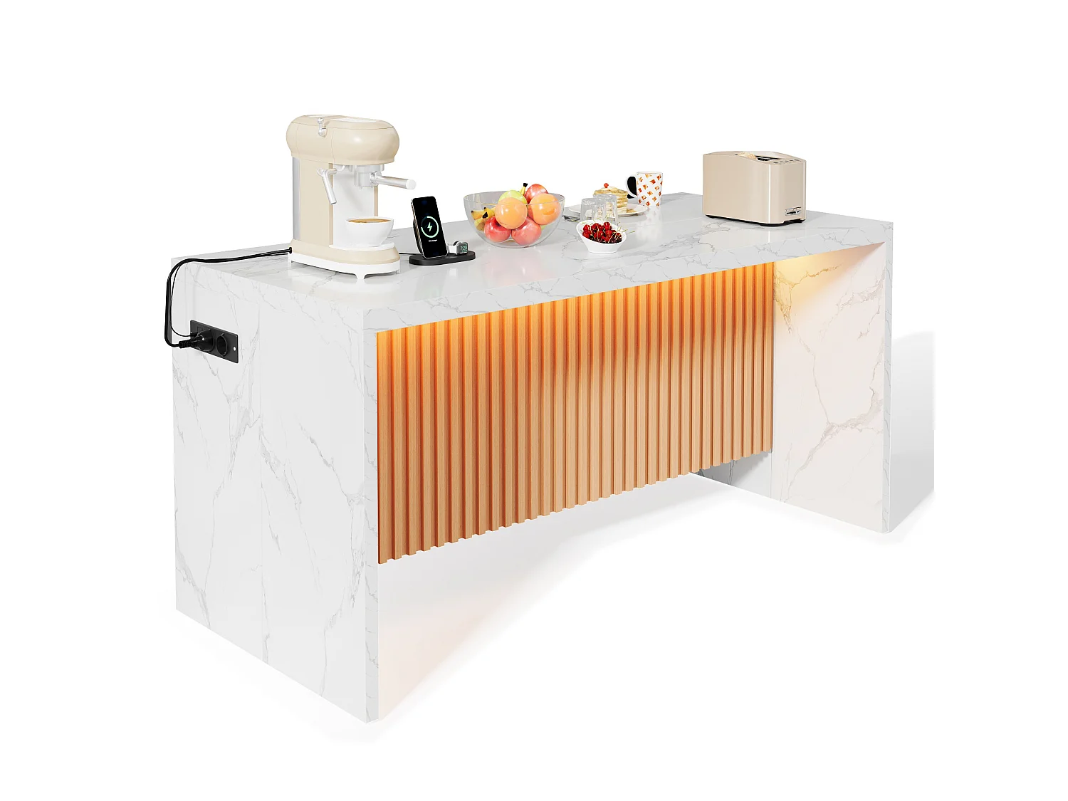 Ilha central de cozinha - com iluminação LED - com 2 tomadas, 2 portas USB - balcão com padrão mármore - Branco