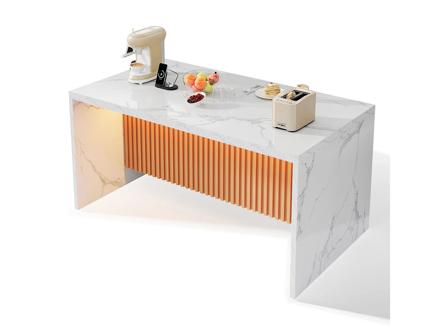 Ilha central de cozinha - com iluminação LED - com 2 tomadas, 2 portas USB - balcão com padrão mármore - Branco
