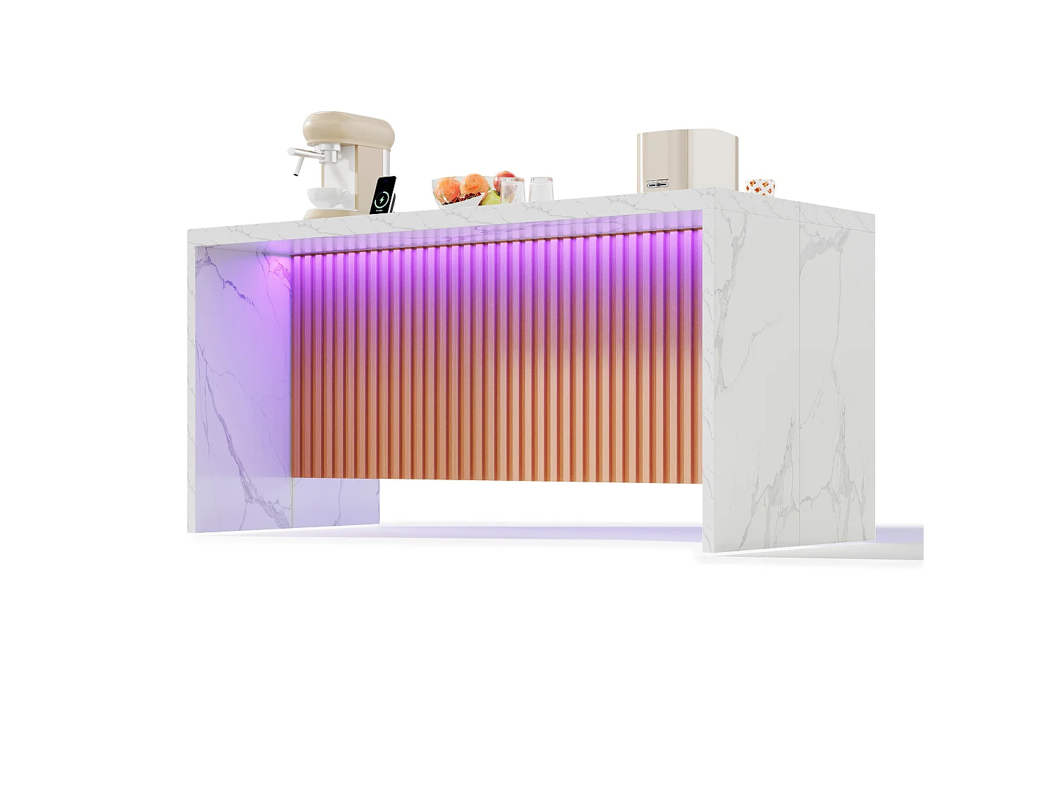 Ilha central de cozinha - com iluminação LED - com 2 tomadas, 2 portas USB - balcão com padrão mármore - Branco