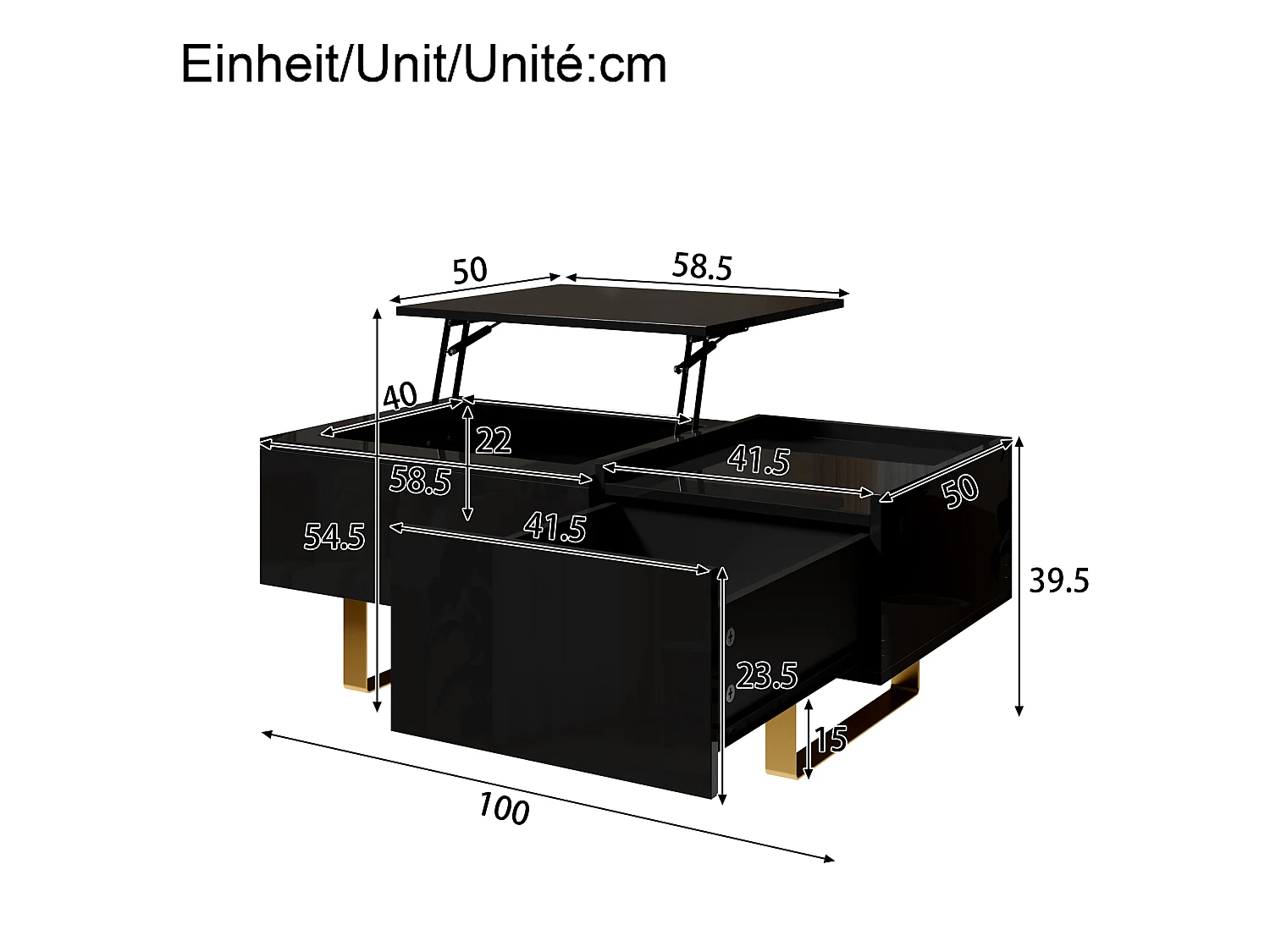 Moderner höhenverstellbarer Couchtisch 100x50x54,5cm - Glänzende Oberfläche - Mit 1 Schublade und Eisenbeinen - MDF - Schwarz