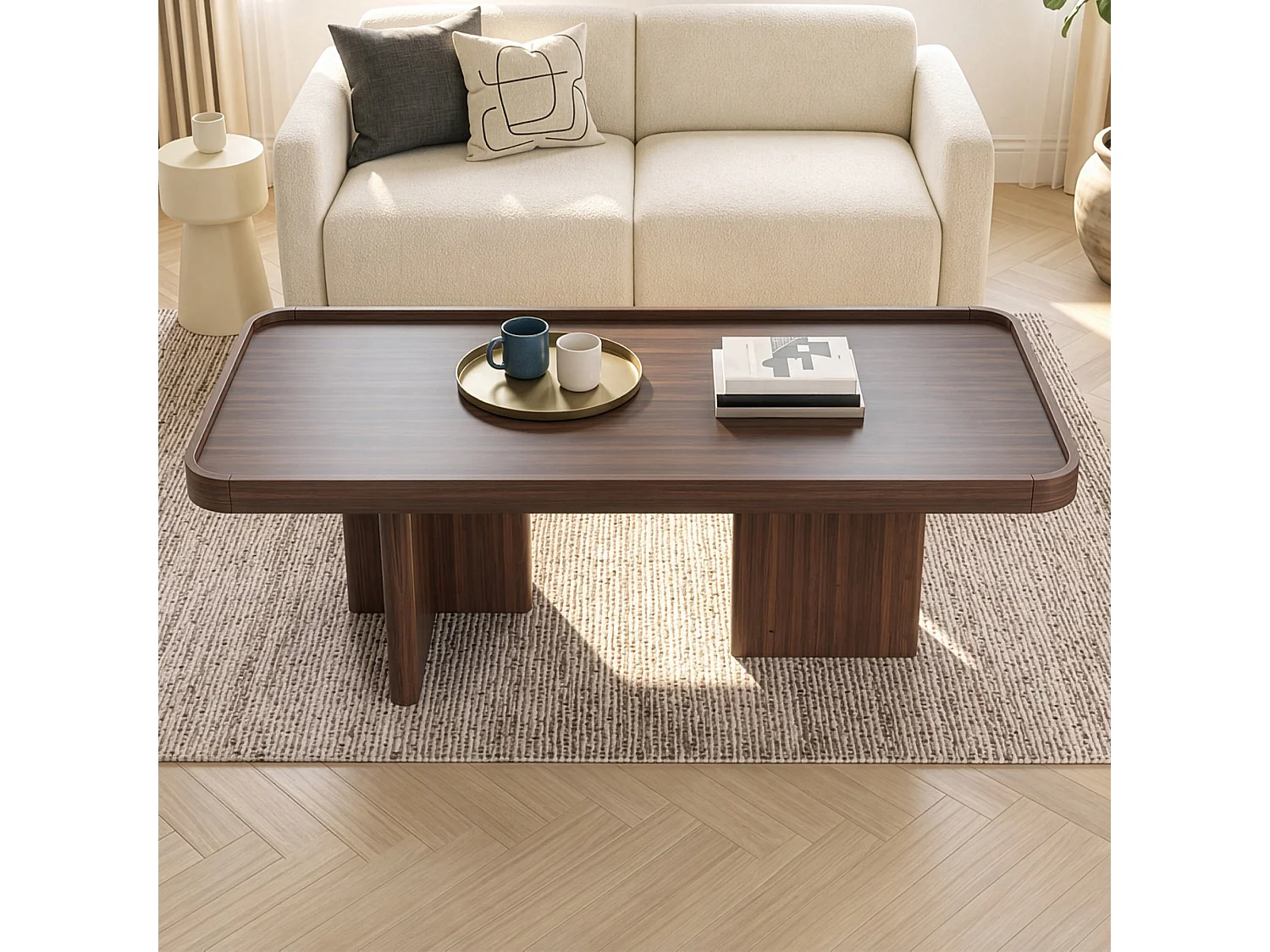 Table basse rétro à angles arrondis - 100x50x35,5 cm - avec coussin en feutre - MDF - Couleur noyer