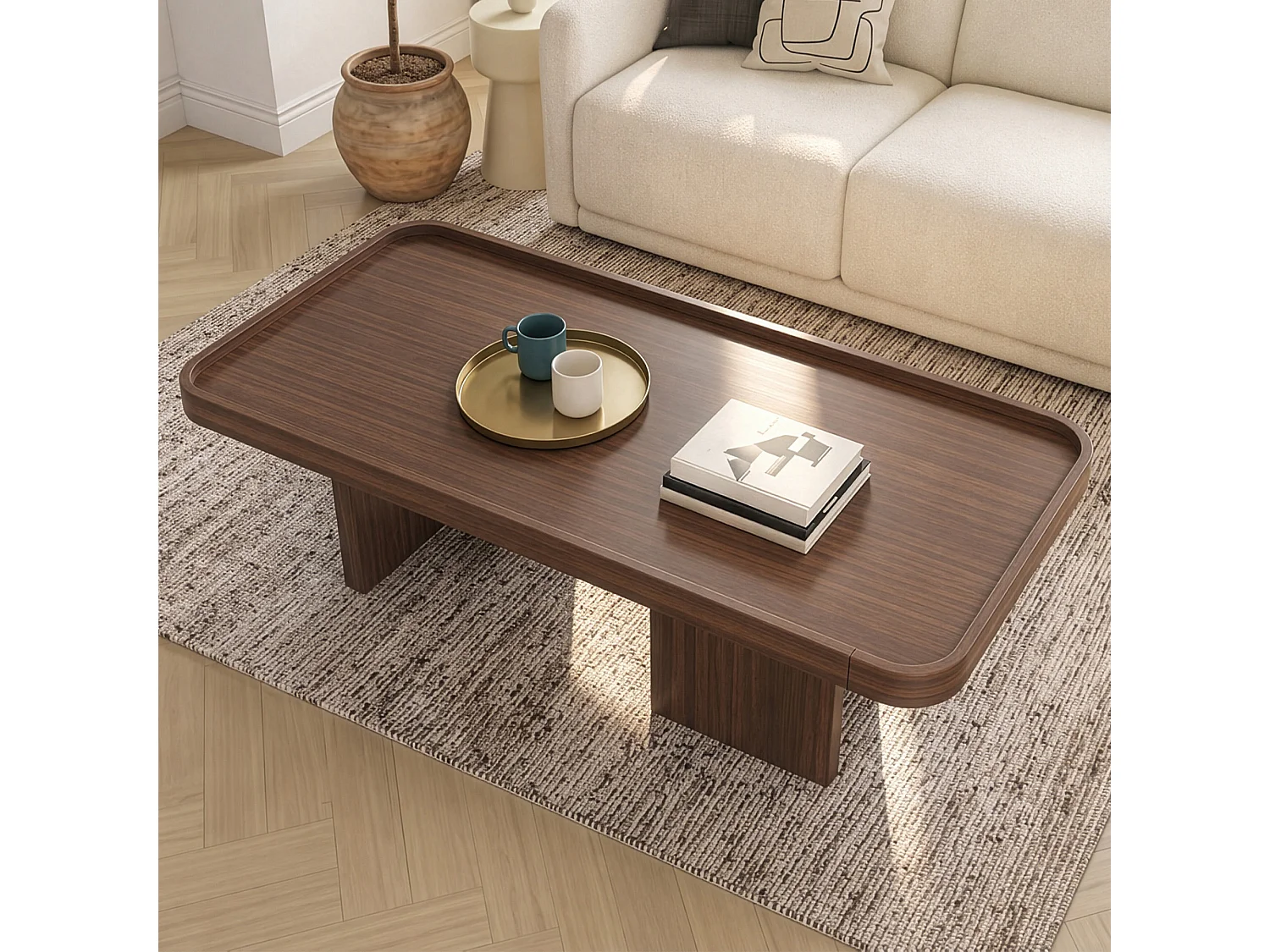 Table basse rétro à angles arrondis - 100x50x35,5 cm - avec coussin en feutre - MDF - Couleur noyer