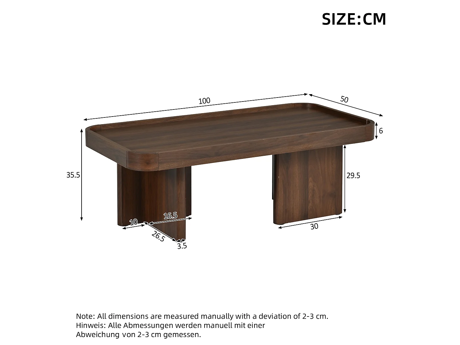 Table basse rétro à angles arrondis - 100x50x35,5 cm - avec coussin en feutre - MDF - Couleur noyer