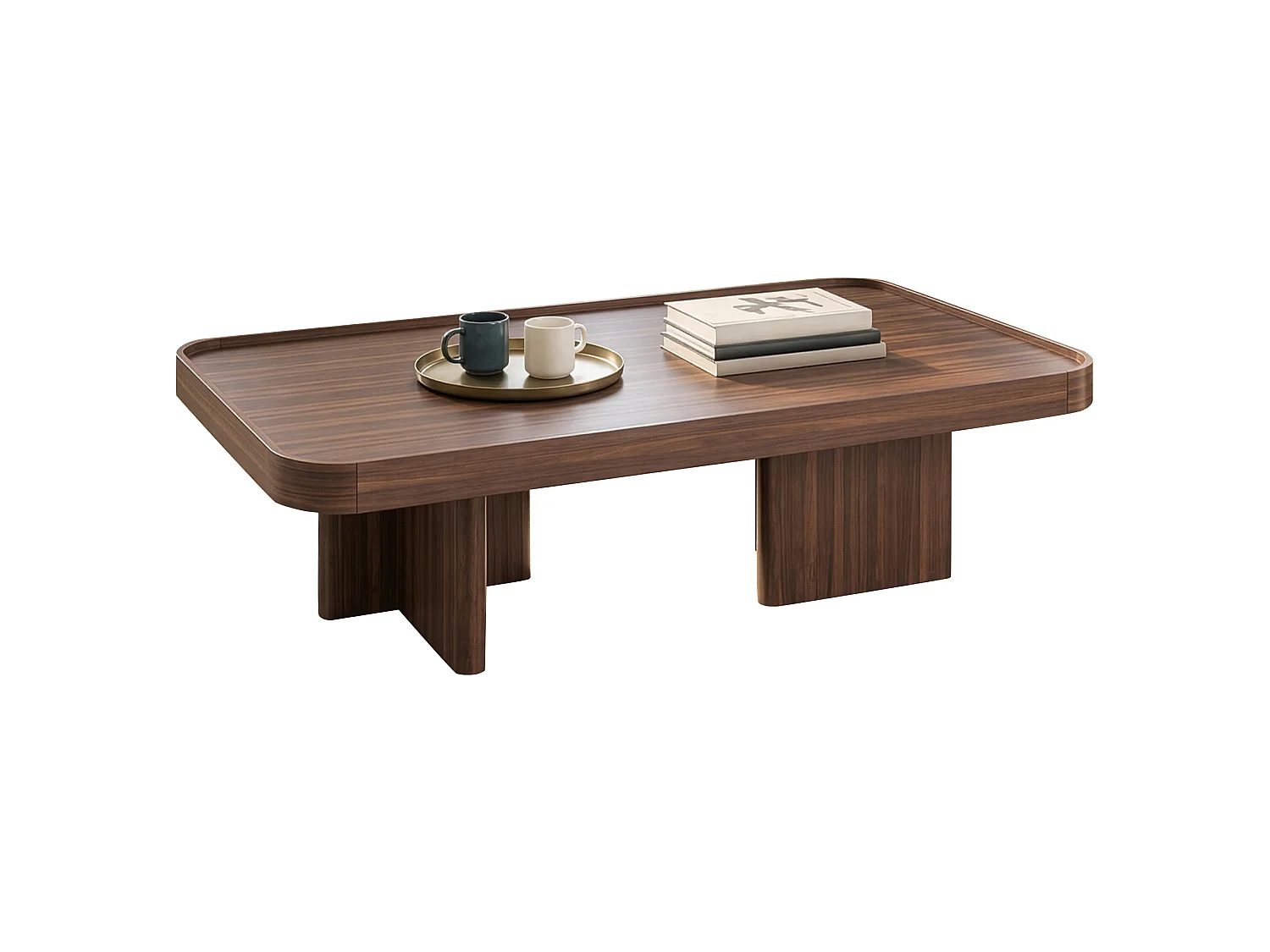 Table basse rétro à angles arrondis - 100x50x35,5 cm - avec coussin en feutre - MDF - Couleur noyer