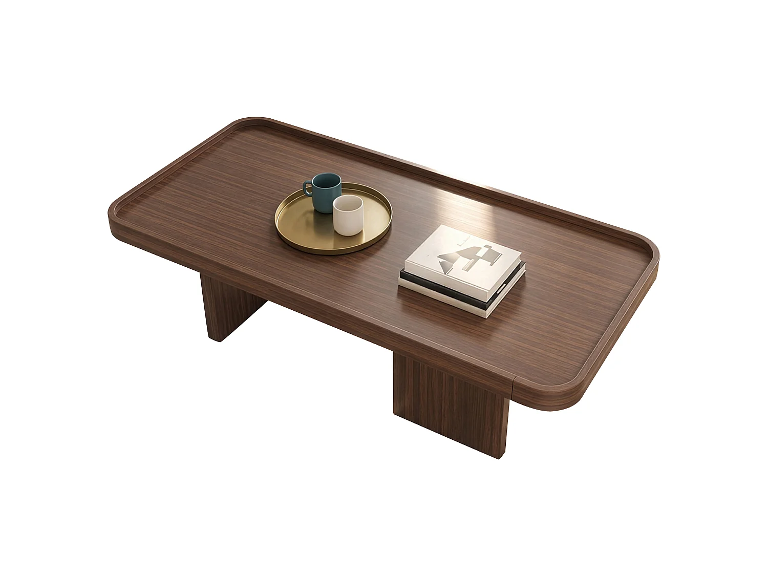 Table basse rétro à angles arrondis - 100x50x35,5 cm - avec coussin en feutre - MDF - Couleur noyer