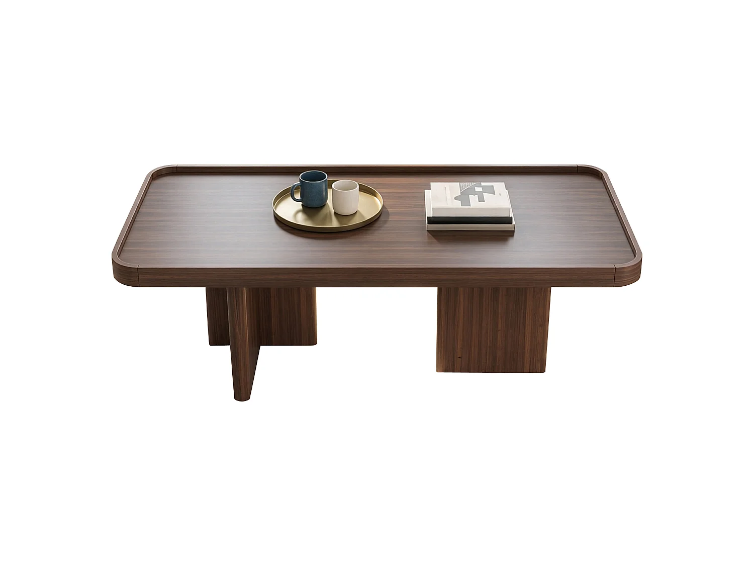 Table basse rétro à angles arrondis - 100x50x35,5 cm - avec coussin en feutre - MDF - Couleur noyer