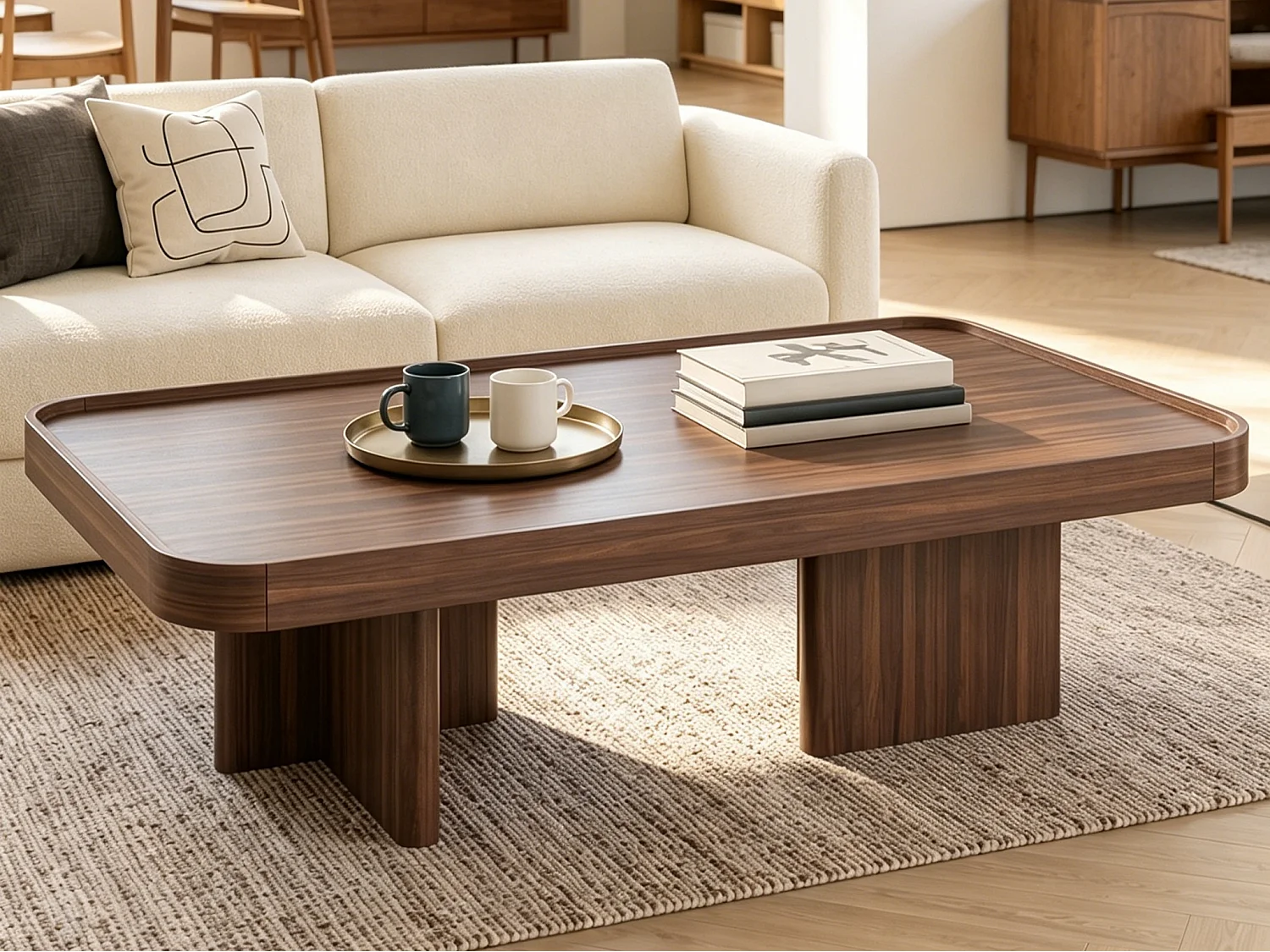 Table basse rétro à angles arrondis - 100x50x35,5 cm - avec coussin en feutre - MDF - Couleur noyer
