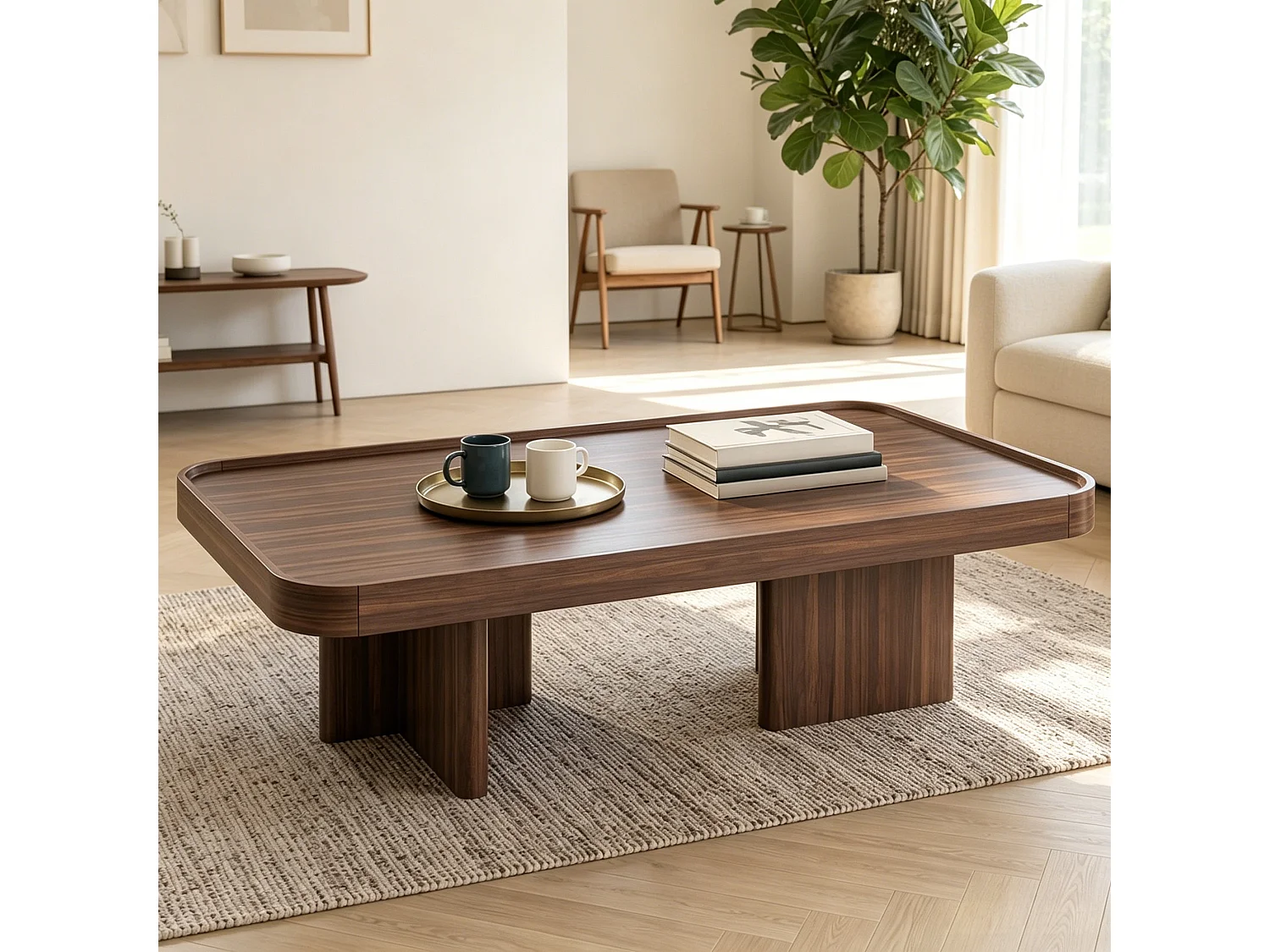 Table basse rétro à angles arrondis - 100x50x35,5 cm - avec coussin en feutre - MDF - Couleur noyer